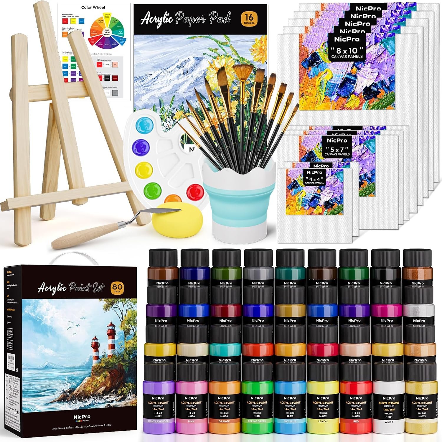 Nicpro 80PCS Acrylic Paint Canvas Set for Adults with 36 Paints (36ML)