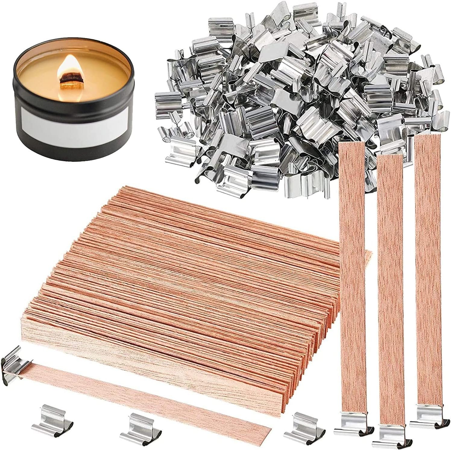 100 pcs Wooden Candle Wicks for Candle Making,6 inch Crackling Wood Wicks/Smokeless Candle Wick with Metal Base Clip 50 Sets