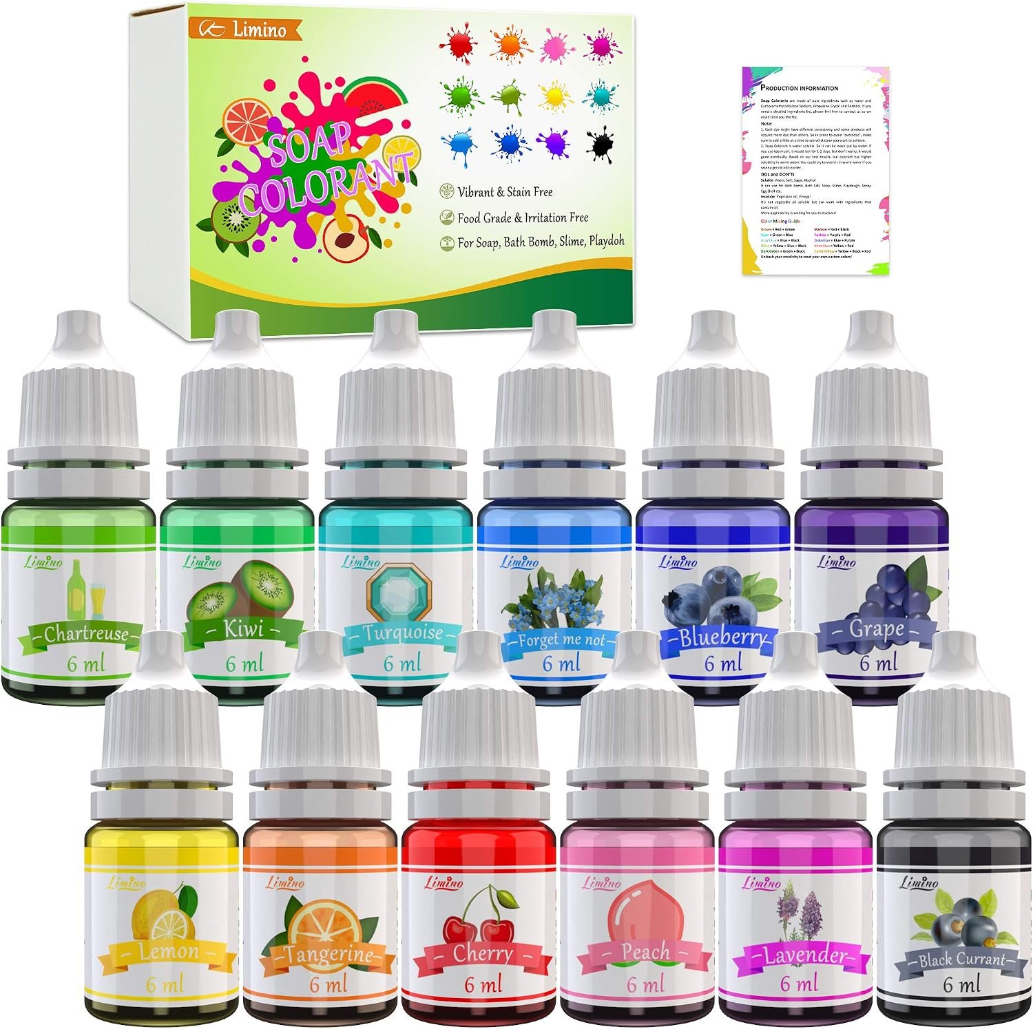 Limino 12 Color Bath Bomb Soap Dye – Skin Safe, Food Grade Coloring for Soap Making Supplies, DIY Bath Bomb Supplies Kit, Slime, Crafts – with Instructions