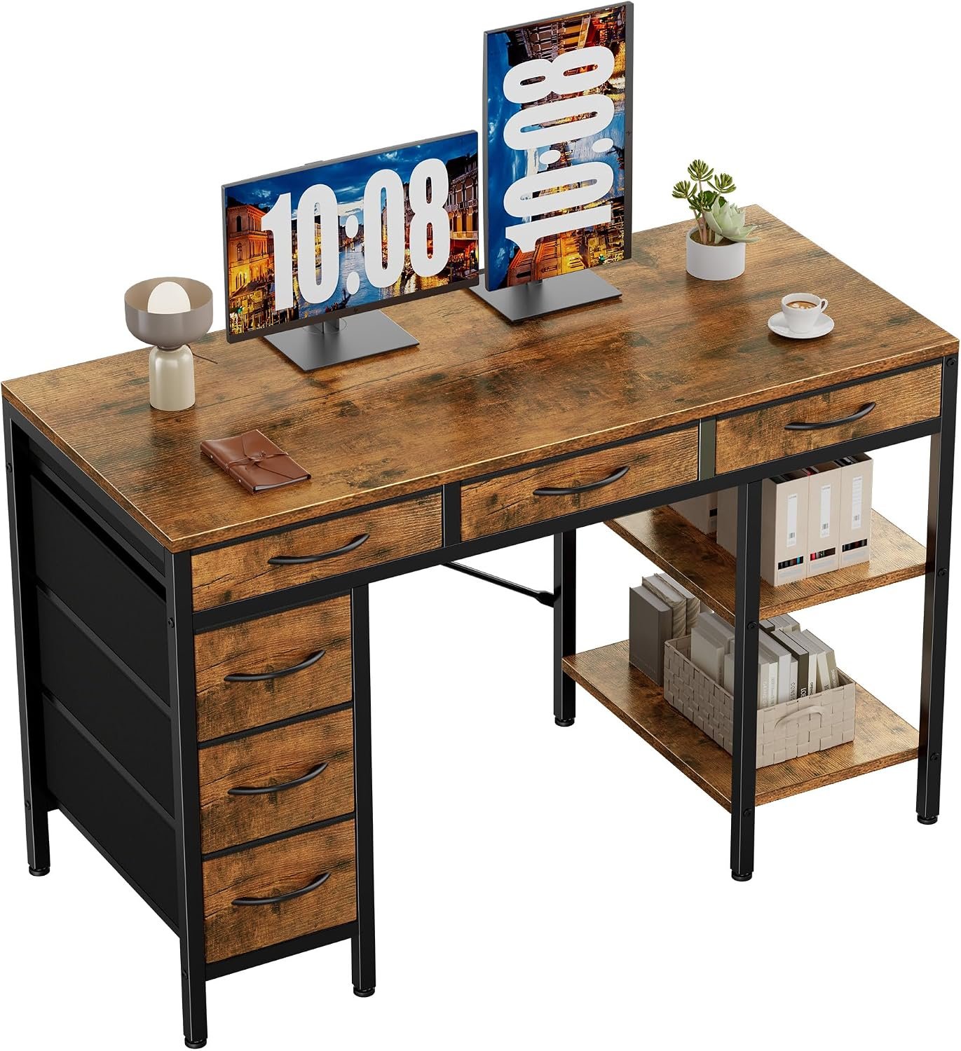 Sweetcrispy 47″ Computer Desk with 6 Fabric Drawers & Storage Shelves