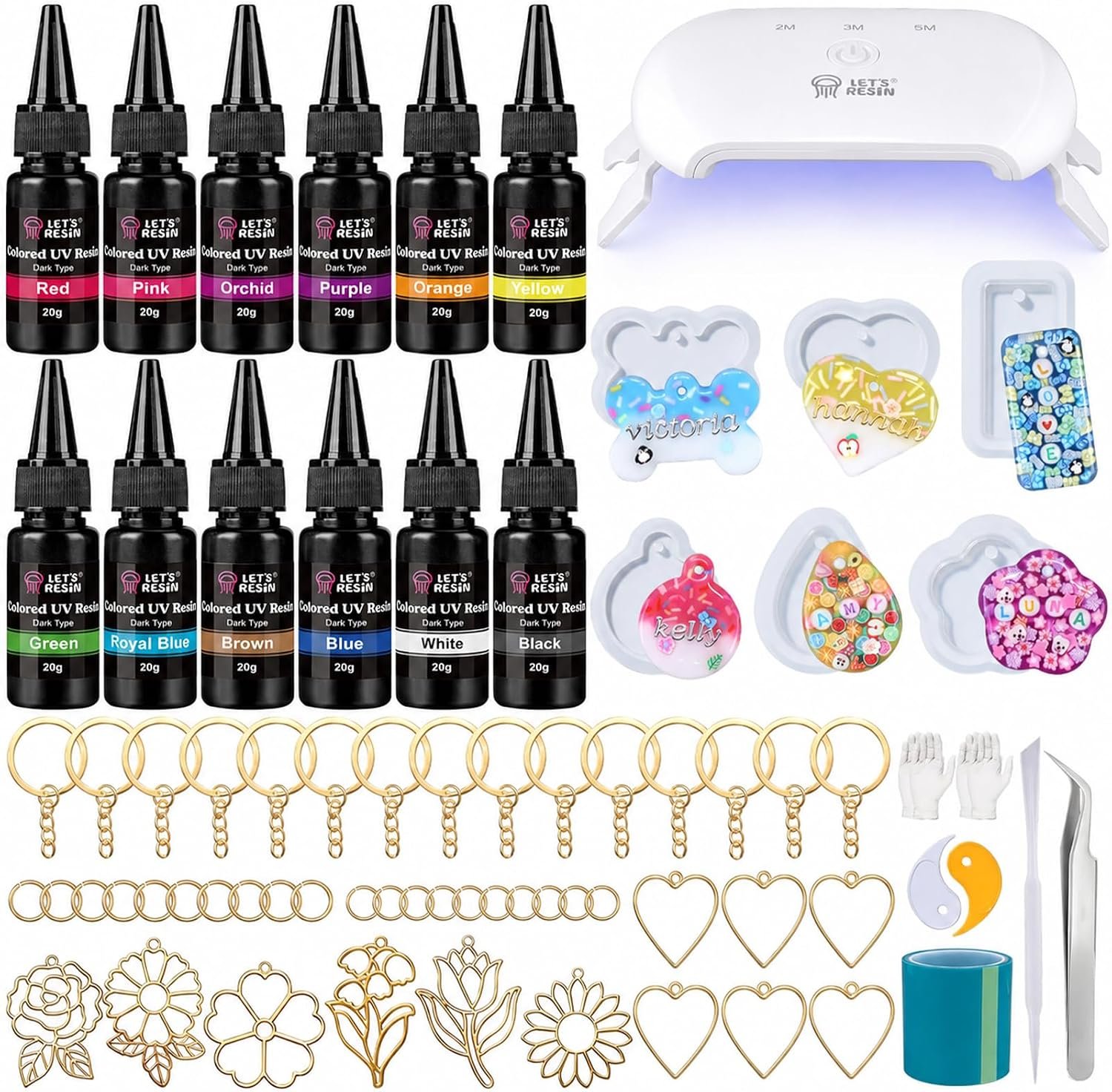 LET’S RESIN 12-Color UV Resin, 73Pcs Keychain Making Kit for Beginners