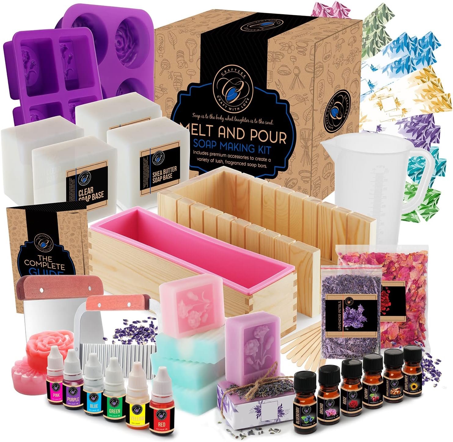 CraftZee Large 𝗣𝗥𝗘𝗠𝗜𝗨𝗠 Deluxe Soap Making Kit – All-in-One Soap Making Supplies with Soap Base, Soap Cutter Box, Silicone Loaf Molds, Fragrances & More – Homemade Melt & Pour DIY Craft Kits
