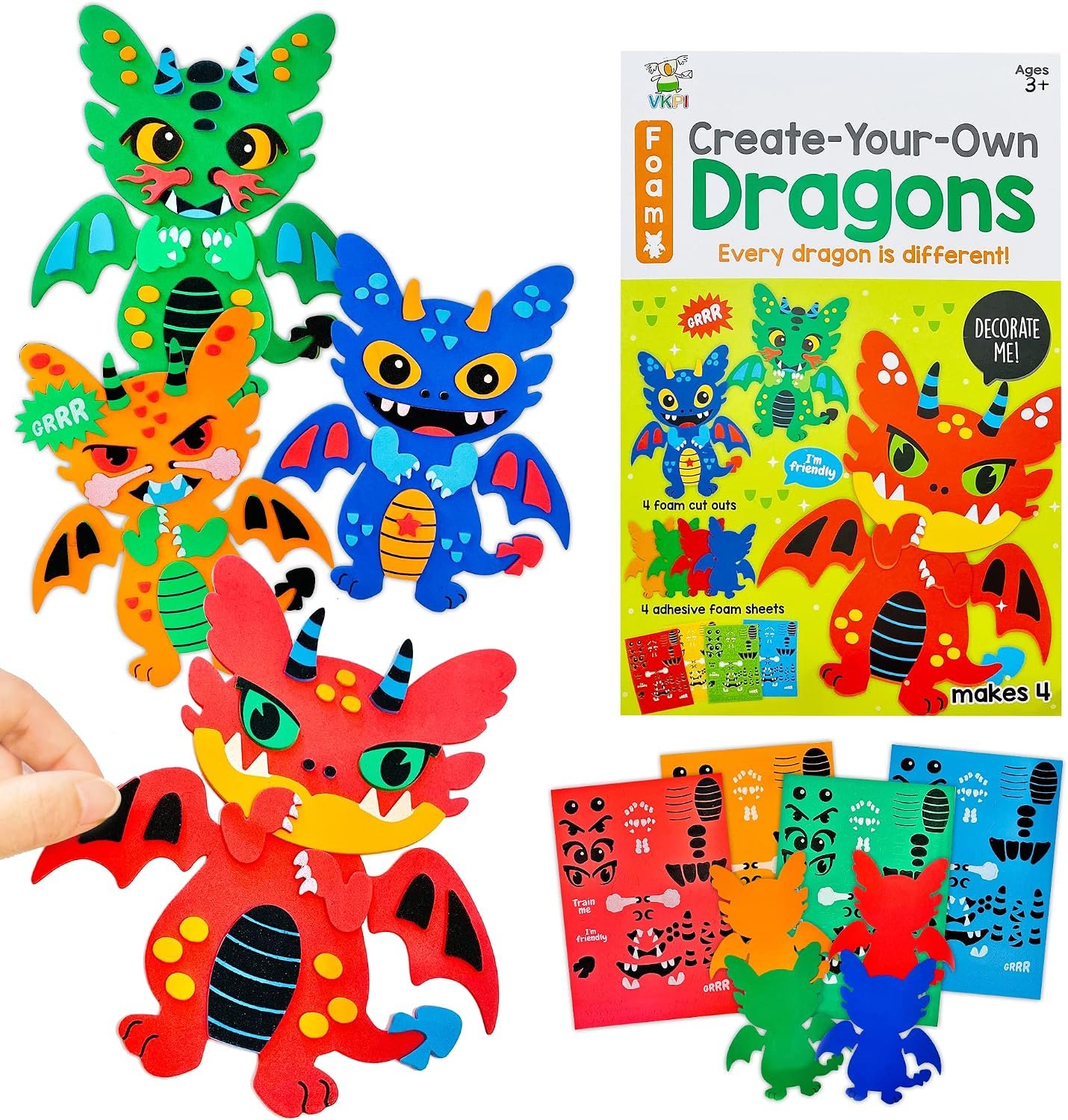 VKPI 4 Pieces EVA Foam Art Crafts Gift Kit, Creative Make Your Own Dragon, Cartoon Foam Paper Craft Projects for Kids Ages 4+ Toddler, Preschool Learning Toy for Birthday Party Favor Supplies