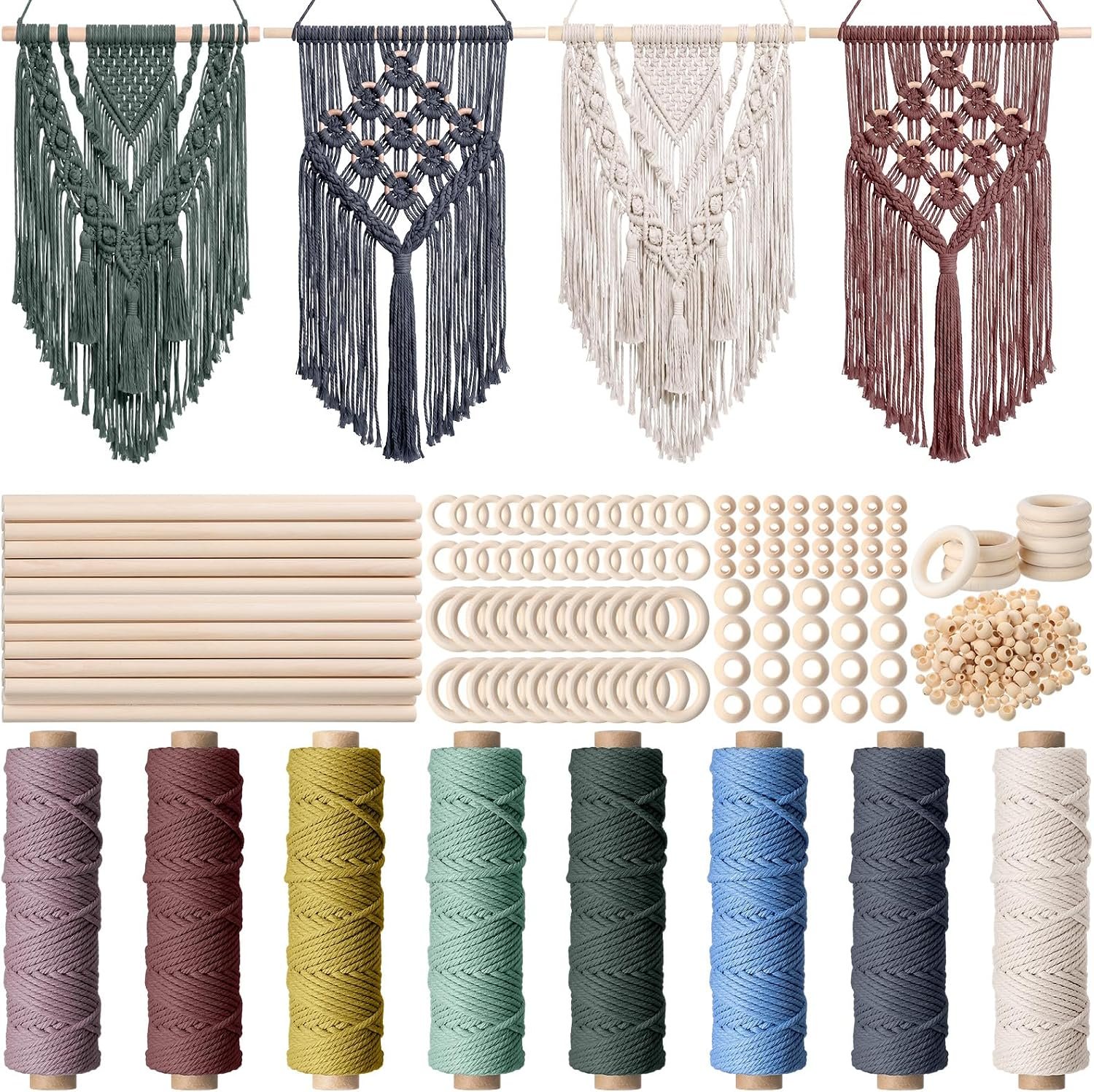 Wesnoy 268 Pcs Macrame Kits for Adults Beginners Weaving Supplies with 3 mm Macrame Cord Cotton, Wooden Beads, Wooden Rings and Sticks for DIY Plant Hangers Wall Hangings, No Insturctions(Colorful)