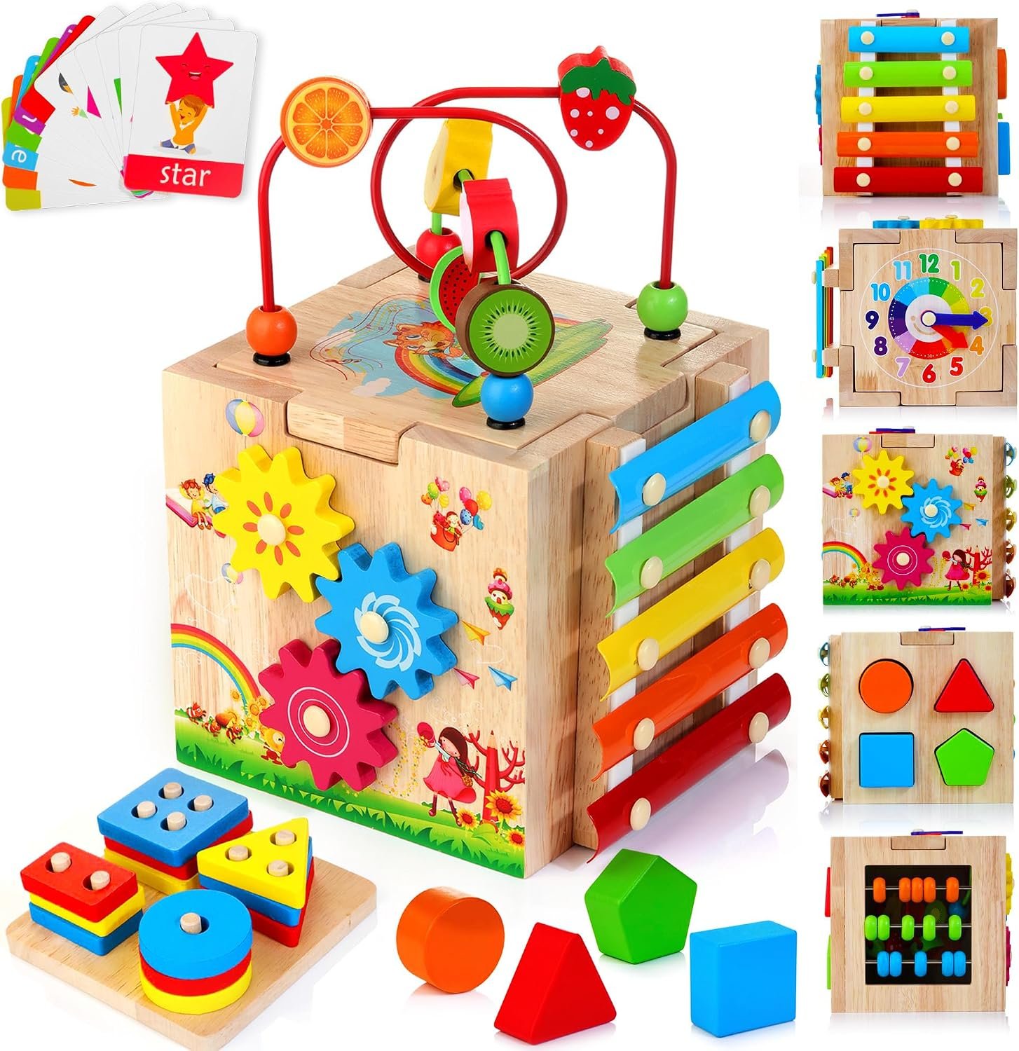 HELLOWOOD Wooden Activity Cube, 8-in-1 Montessori Baby Toys for 1+ Year Old