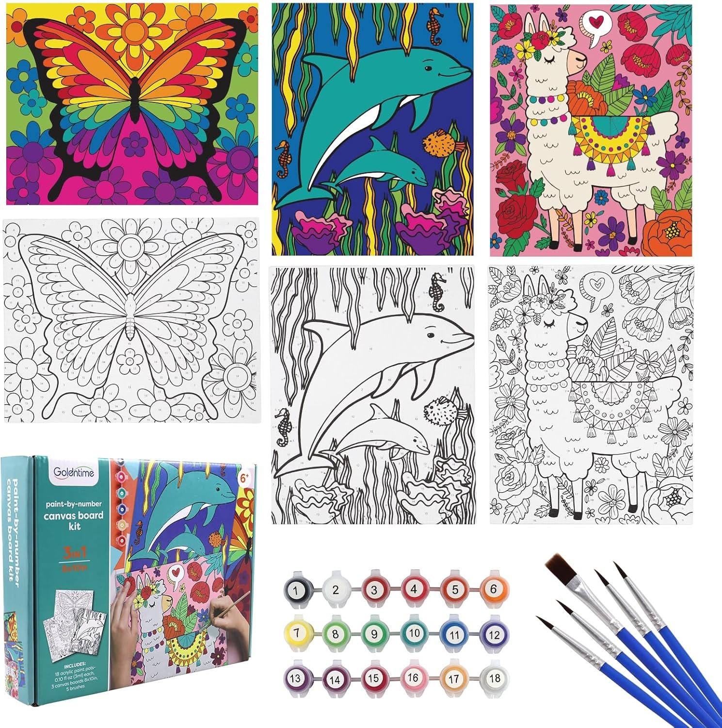 goldentime 3 Pack Kids Paint by Numbers Kit, Pre-Drawn Canvas Painting, Includes 8×10 inch Framed Canvas with 18 Acrylic Paints, 5 Brushes, Perfect Creative Gifts & Arts and Crafts for Kids