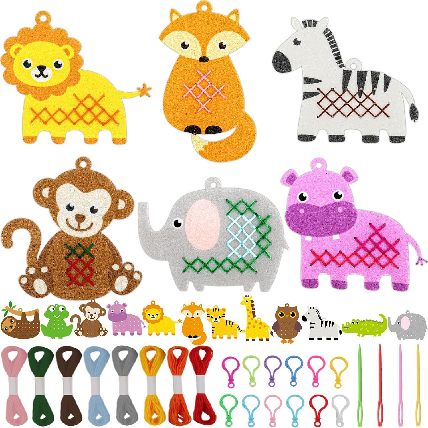 Cross Embroidery Kit for Kids Beginner 12 Jungle Animals Felt Keyrings Needlepoint Embroidery Starter Set with Jumbo Plastic Needles Pre-Printed Patterns for DIY Arts & Crafts Gift Safari Party Favor