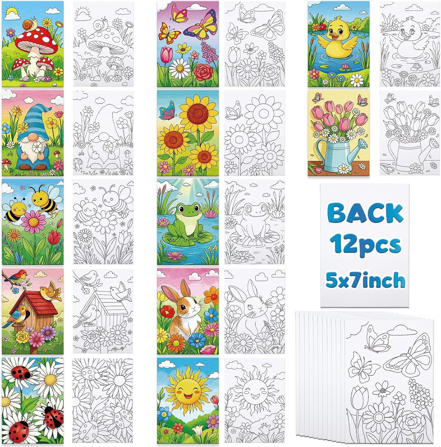 Louise Maelys Pre Drawn Canvas to Paint for Kids, 12 Pack Flowers & Animals