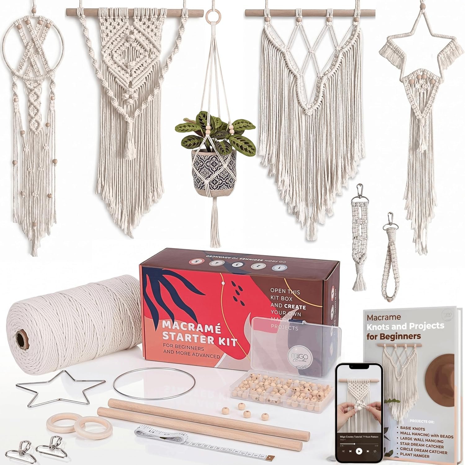 MIGO Creates Macrame Kits for Adults Beginners with 112 Macrame Supplies and 7 Projects Book: DIY Macrame Kit Includes 165 Yards Macrame Cord with Craft Supplies & Materials to Start Macrame!