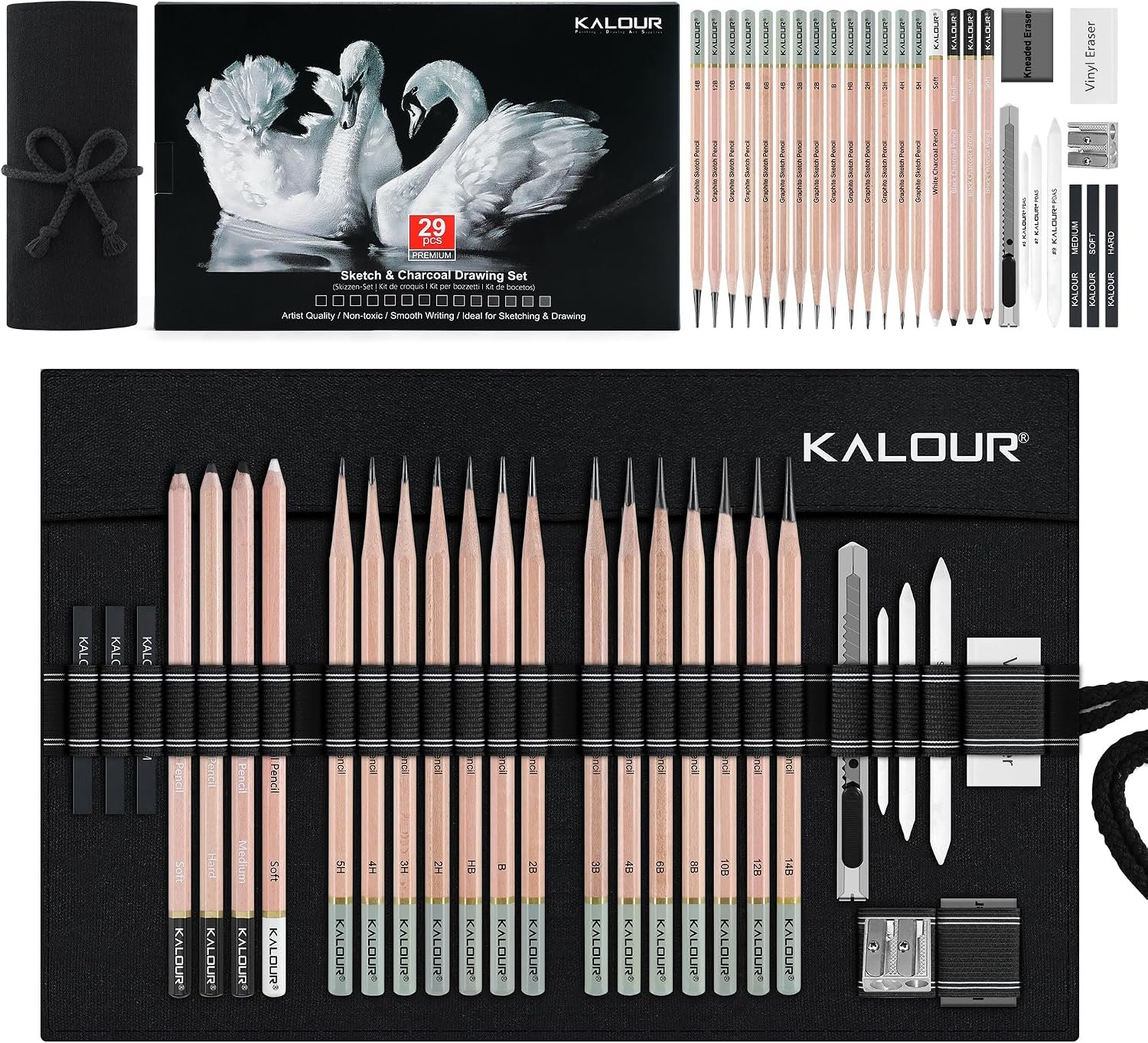 KALOUR 29 Pro Sketching Drawing Pencils Set with Roll-Up Nylon Case – 14 Graphite Pencils (14B–5H), Charcoal Pencils, Erasers, Sharpener & Stumps – Complete Art Kit for Artists & Beginner