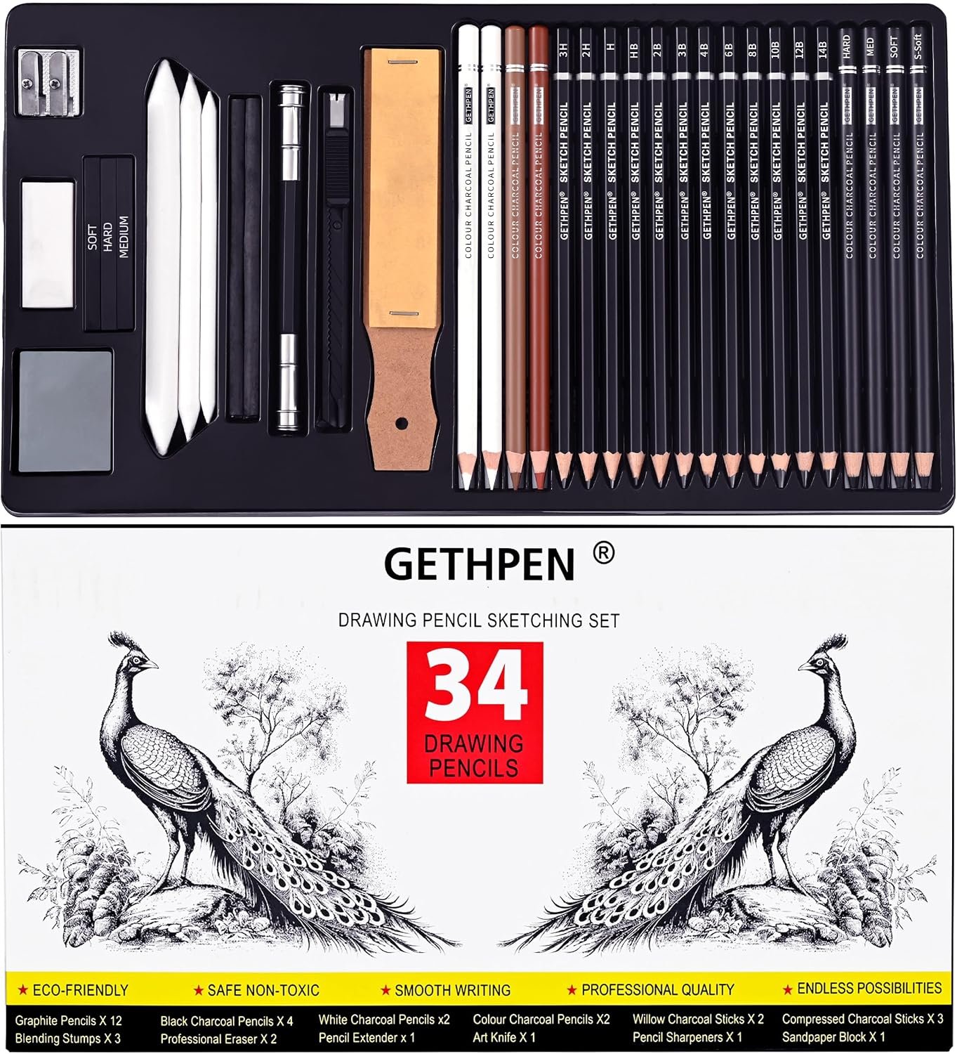 GETHPEN Drawing Sketching Pencil Set, 34 Piece, Graphite Pencils (14B-4H)