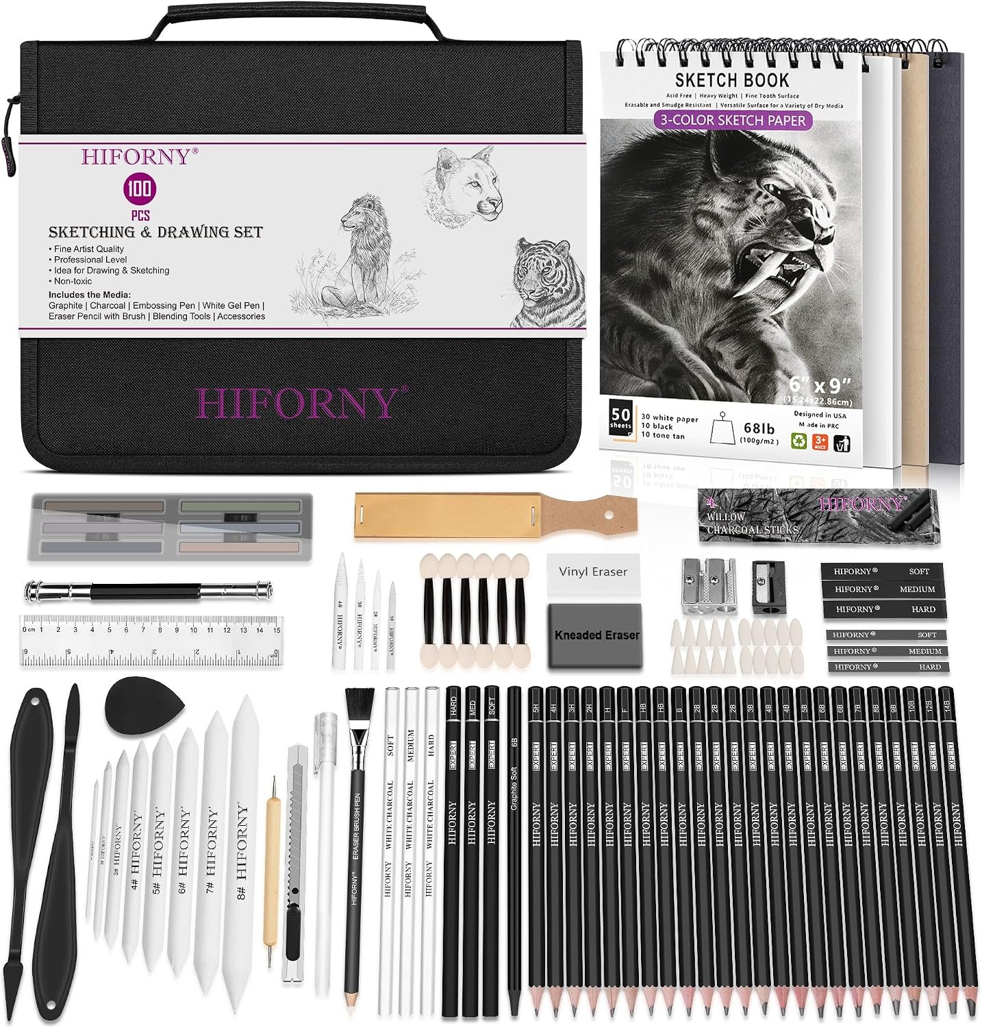 HIFORNY 100 PCS Drawing Set Sketching Kit,Sketch Pencils Art Supplies with Graphite,Charcoal,Blending Tools & Accessories,Portable Zippered Travel Case for Artists & Adults