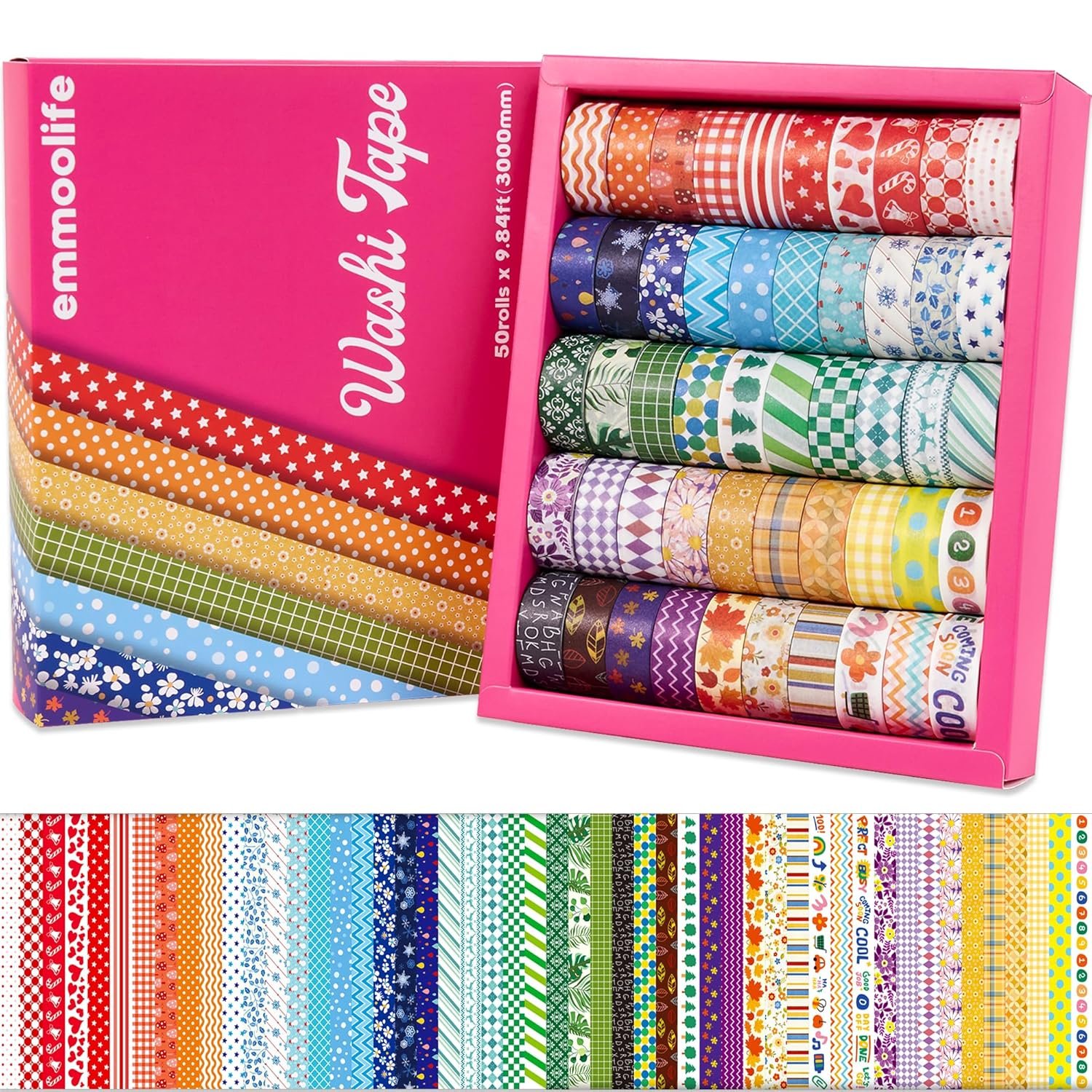 emmoolife 50 Rolls Washi Tape Set, 15mm Wide Rainbow Colored Tape Aesthetic Design Masking Decorative Tape for Scrapbooking Supplies, Bullet Journaling, Junk Journal, Wrapping Planners, DIY Arts Craft