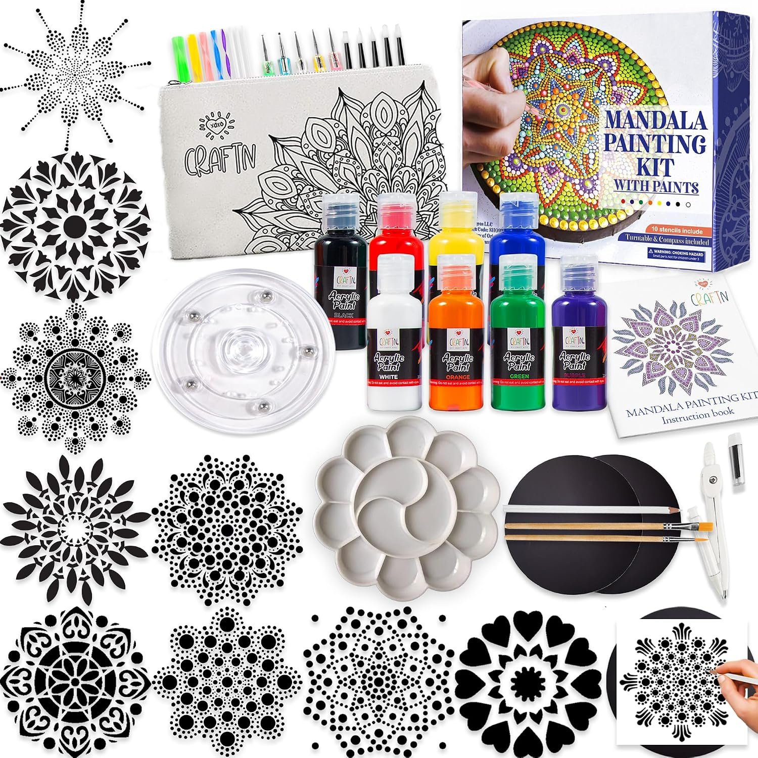 Complete Beginner’s Mandala Painting 46 Piece Kit with Acrylic Paints, Reusable Stencils and Dotting Tools. Fun Rock Art & DIY Craft Project. Starter Activity Pack and Gift for Teens, and Adults
