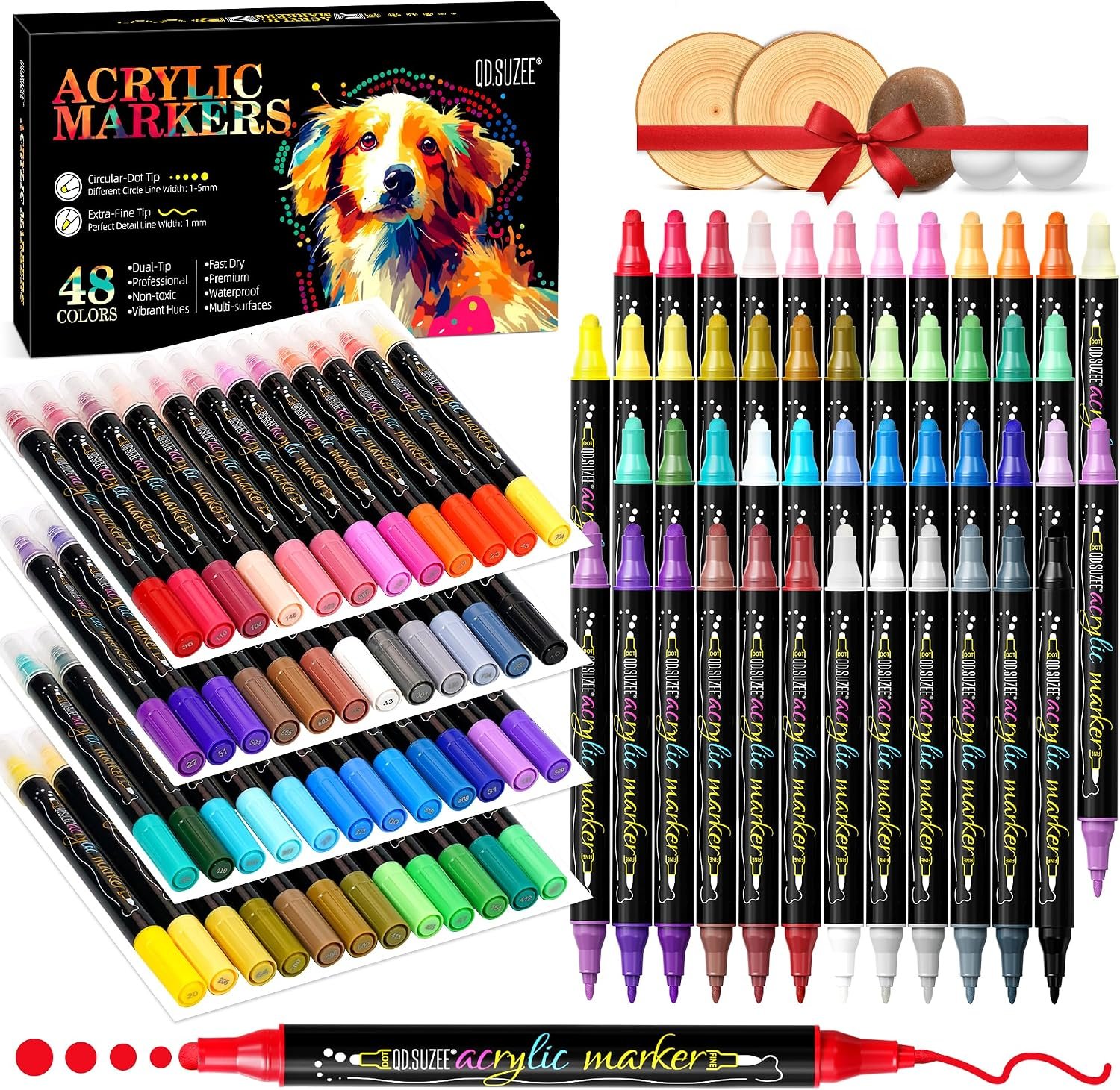 48 Colors Dual Tip Acrylic Paint Markers Set – Dot Markers and Fine Tip