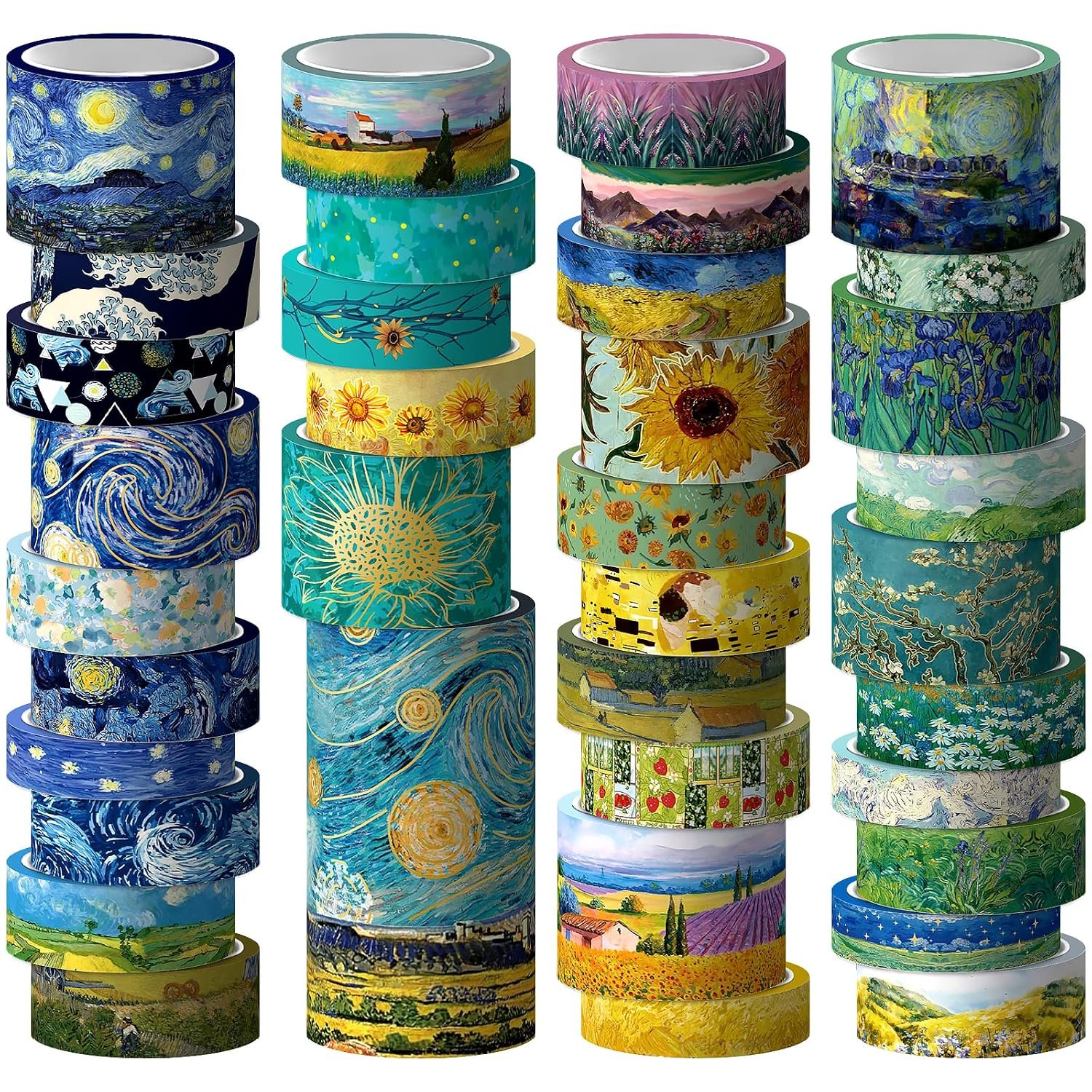 Geesinimo Washi Tape Set, 36 Rolls Van Gogh Vintage Gold Washy Tape, Wide Decorative Tape for Journaling, Scrapbooking Supplies,Vision Board Supplies, 6 Sizes Craft Watercolor Tape