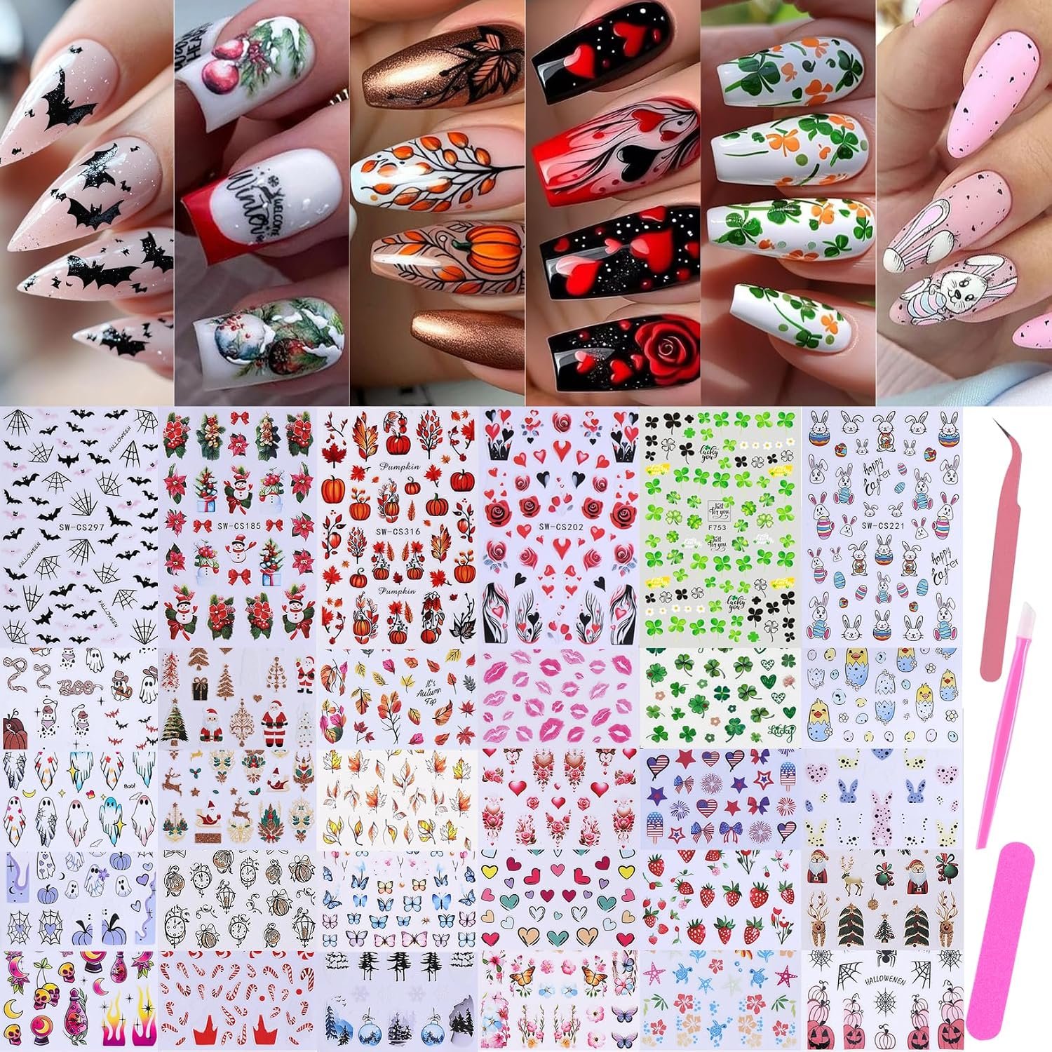 Holiday Nail Art Stickers Decals 30 Sheets 3D Seasonal Stickers for Nails with Tweezers Self-Adhesive Manicure Decoration Nail Supplies for Christmas Valentine Halloween St. Patrick’s Day Easter