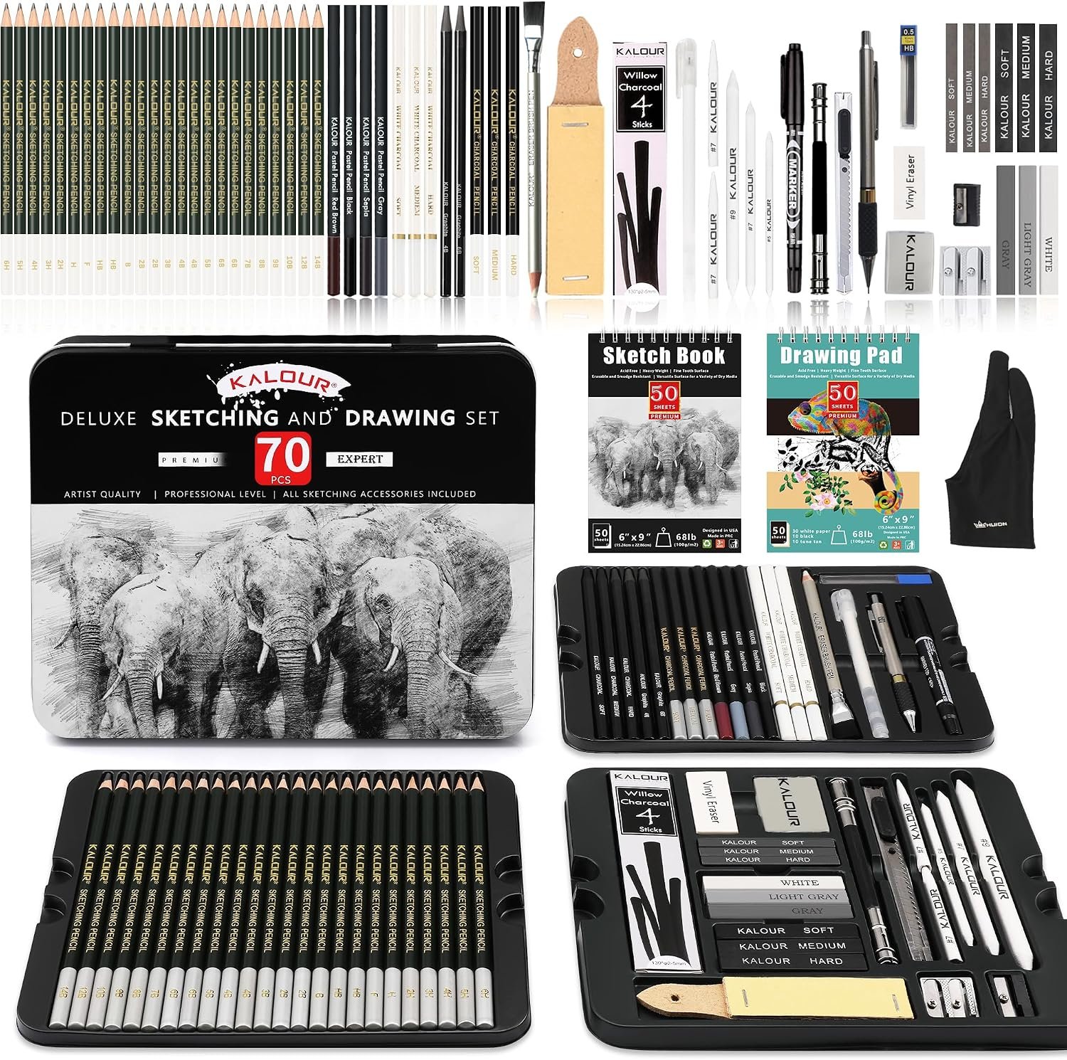 KALOUR 72-Pack Sketch Drawing Pencils Kit with Sketchbook and 3-color Drawing Paper,Tin Box,Include Graphite,Charcoal,Drawing Glove and Artists Tools,Pro Art Drawing Supplies for Adults Beginner