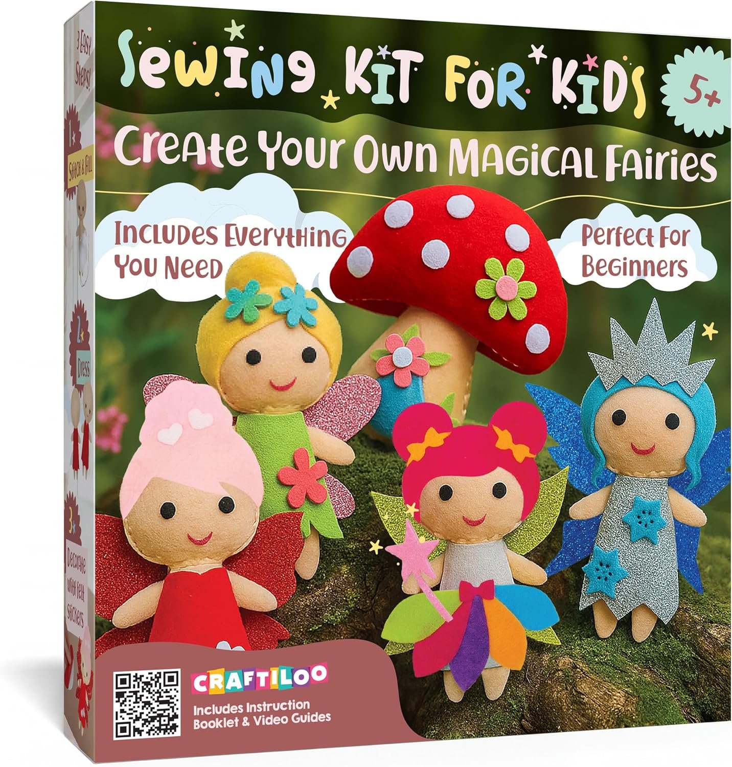 Fairy Sewing Kit for Kids Ages 5-12 – Beginner Kit, 5 Pre-Cut Felt Dolls