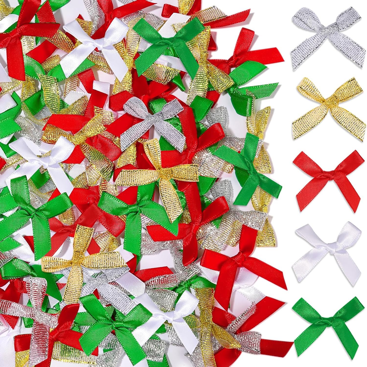 YGDZ Mini Bow Gift Wrapping Ribbons – 50 Pack, 5 Colors (Red, Green, Silver, Gold, White), Small Bow Ornaments for Crafts, Tree Decor & Gifts
