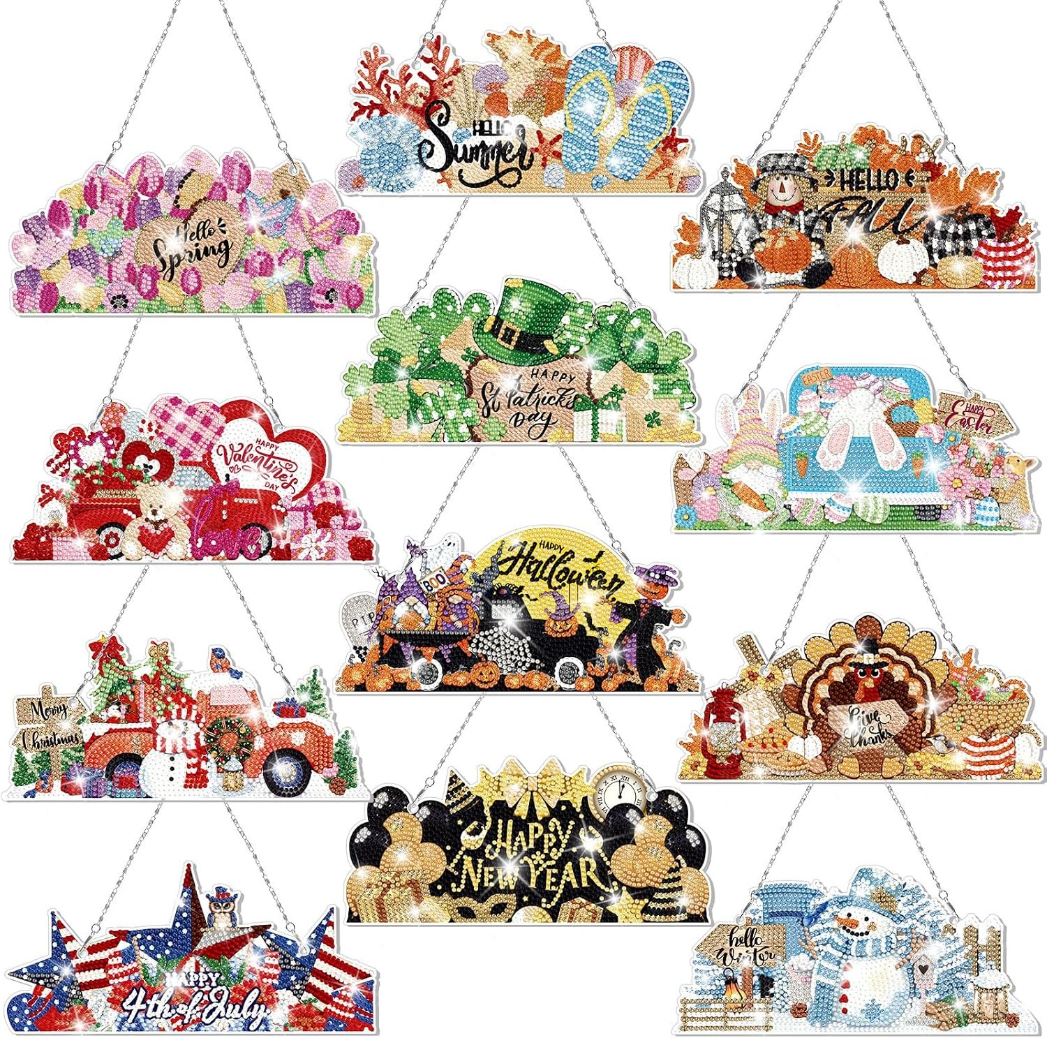 Cinnvoice Seasonal Diamond Art Hanging Kit,12 Pcs,Novel