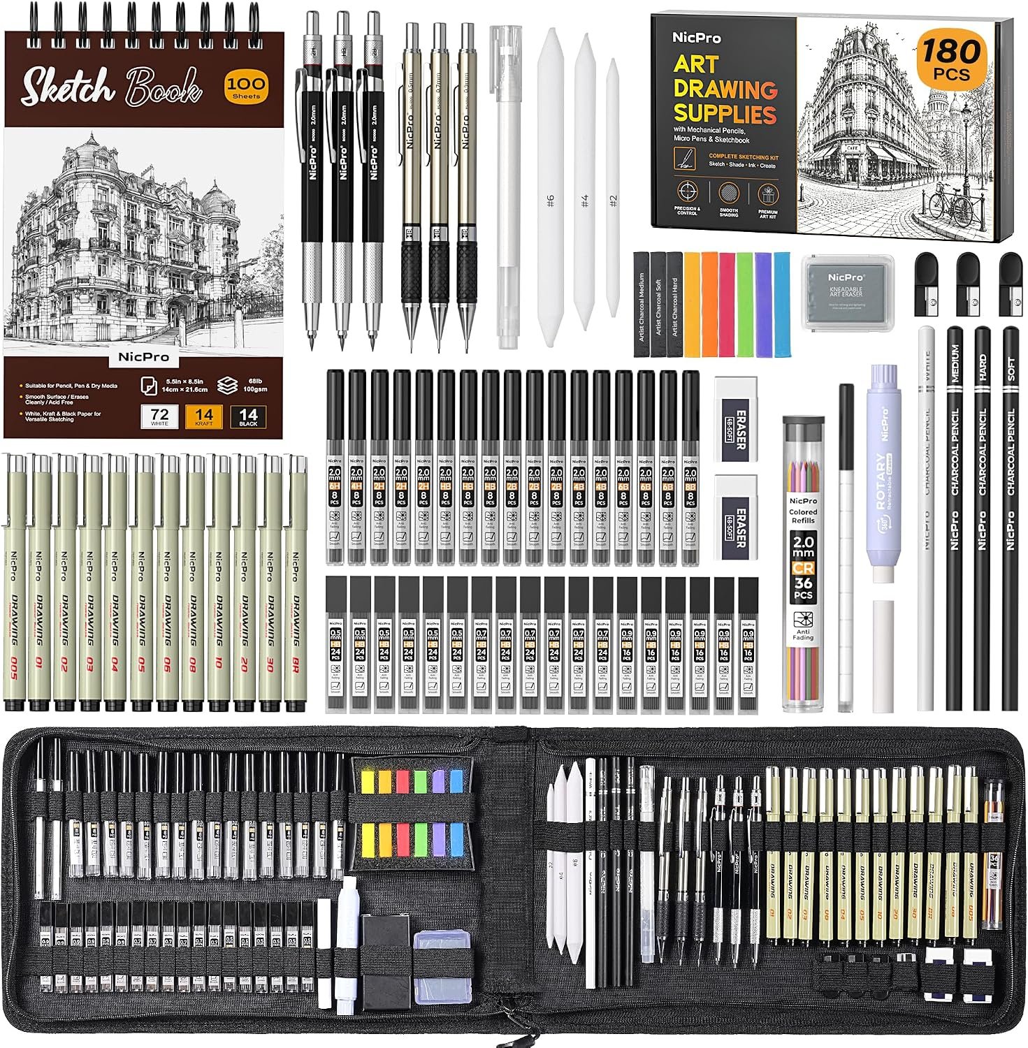 Nicpro 180 PCS Art Drawing Supplies Kit, Pro Art Supplies for Adult & Teens