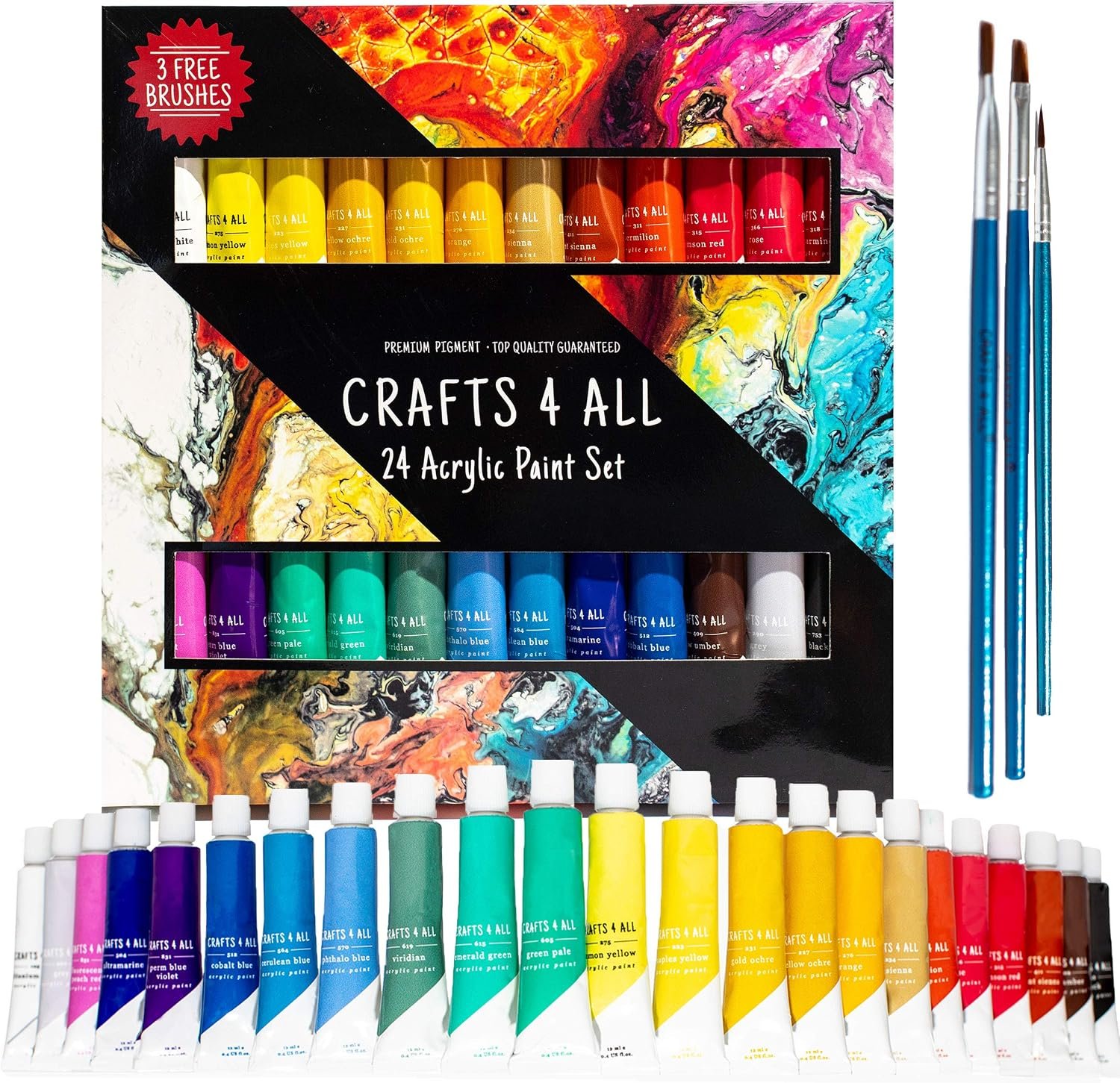 Crafts 4 All Acrylic Paint Set for Adults and Artists – 24 Pack of 12mL Paints with 3 Art Brushes, Non-Toxic Craft Paint for Easter Eggs, Ceramic Rock- Art Supplies