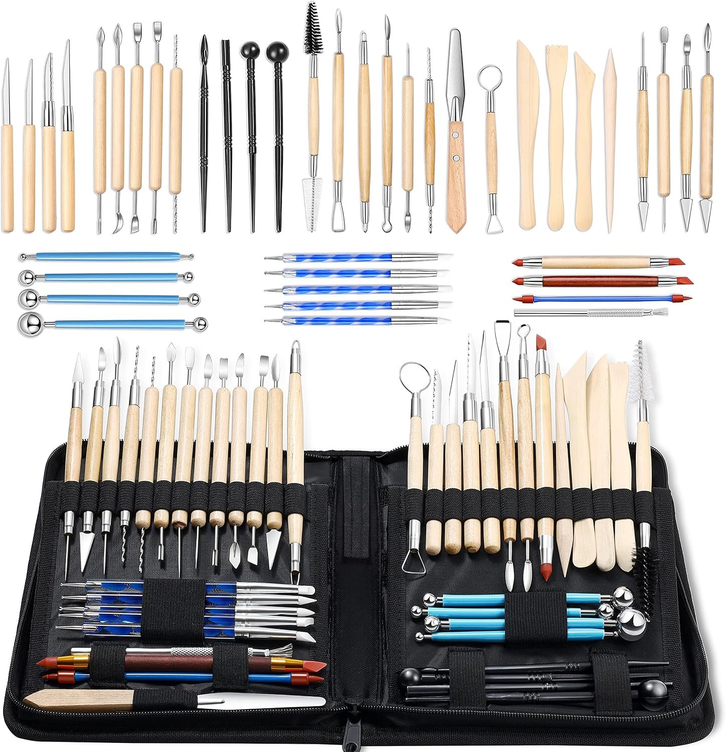 ISSEVE 43Pcs Pottery Clay Sculpting Tools Set with Stand-Up Organizer Bag