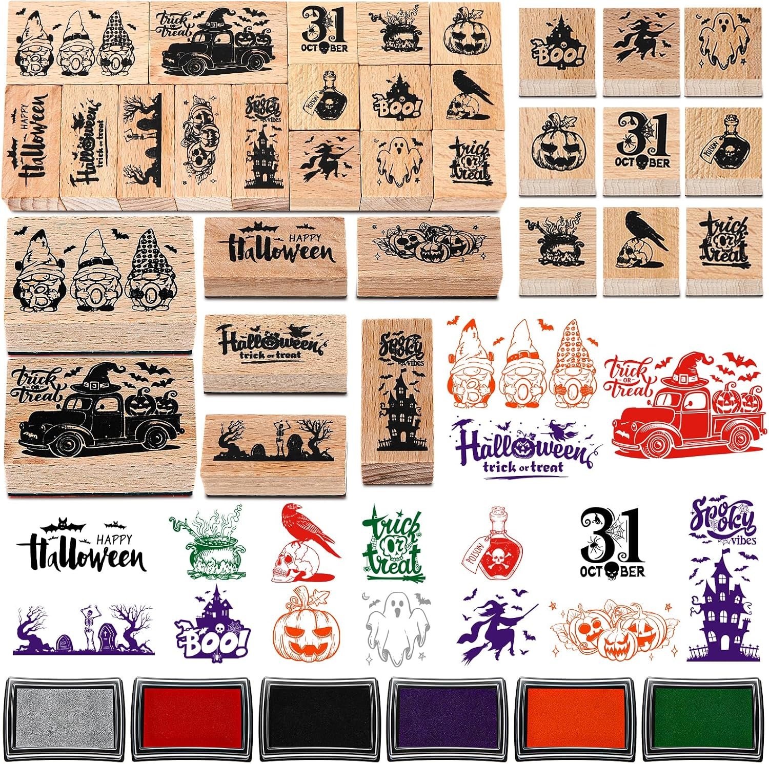 Kolldenn 22 Pcs Halloween Wooden Rubber Stamps and Craft Ink Pads Set