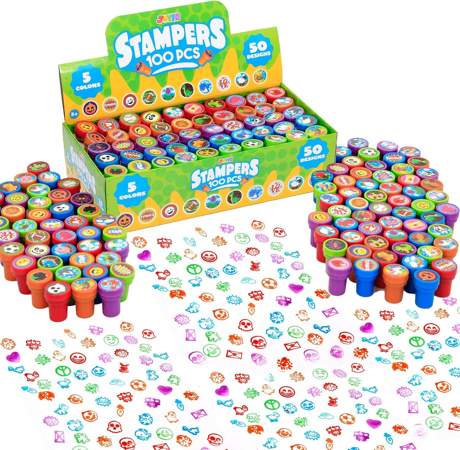 JOYIN 100 Pcs Assorted Stamps for Kids Self-Ink Stamps (50 Different Designs, Dinosaur, Zoo Safari Stampers) for Party Favor, Carnival Prizes, School Classroom Gift Stuffers, Treasure Box Toys
