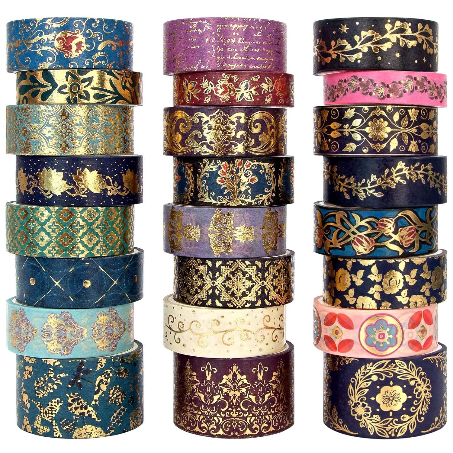 Gold Foil Washi Tape Set — 24 Rolls Vintage Dark Academia Aesthetic, Baroque Gothic Jewel Tone Decorative Tape for Junk Journal Supplies, Scrapbook, Planner — Gift Box (3 Sizes)