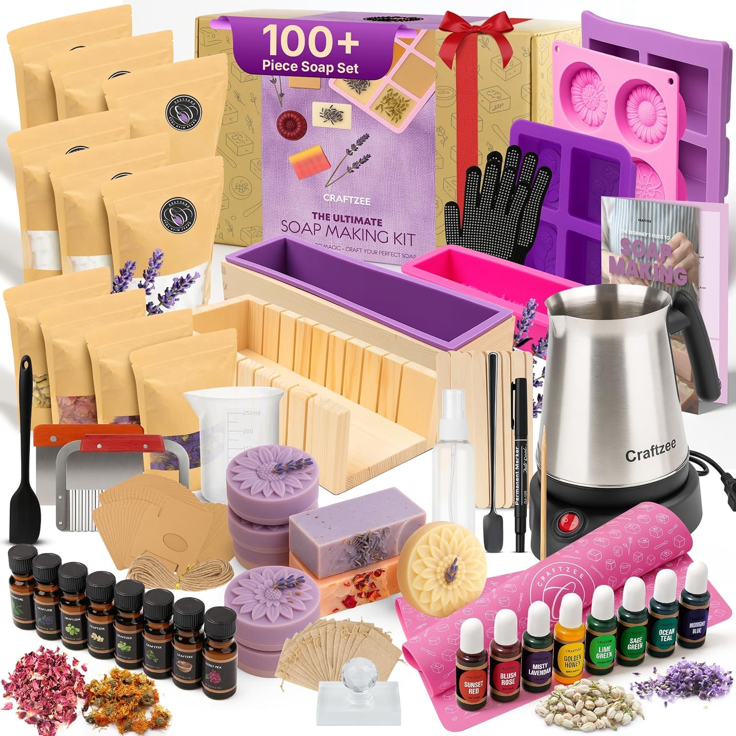 CraftZee 𝗦𝗨𝗣𝗘𝗥 𝗗𝗘𝗟𝗨𝗫𝗘 Soap Making Kit – All-in-One Soap Making Supplies with 6lbs Soap Base, 8 Dyes, 8 Essential Oils, Silicone Molds, Cutters, All Essential Tools & Instructions
