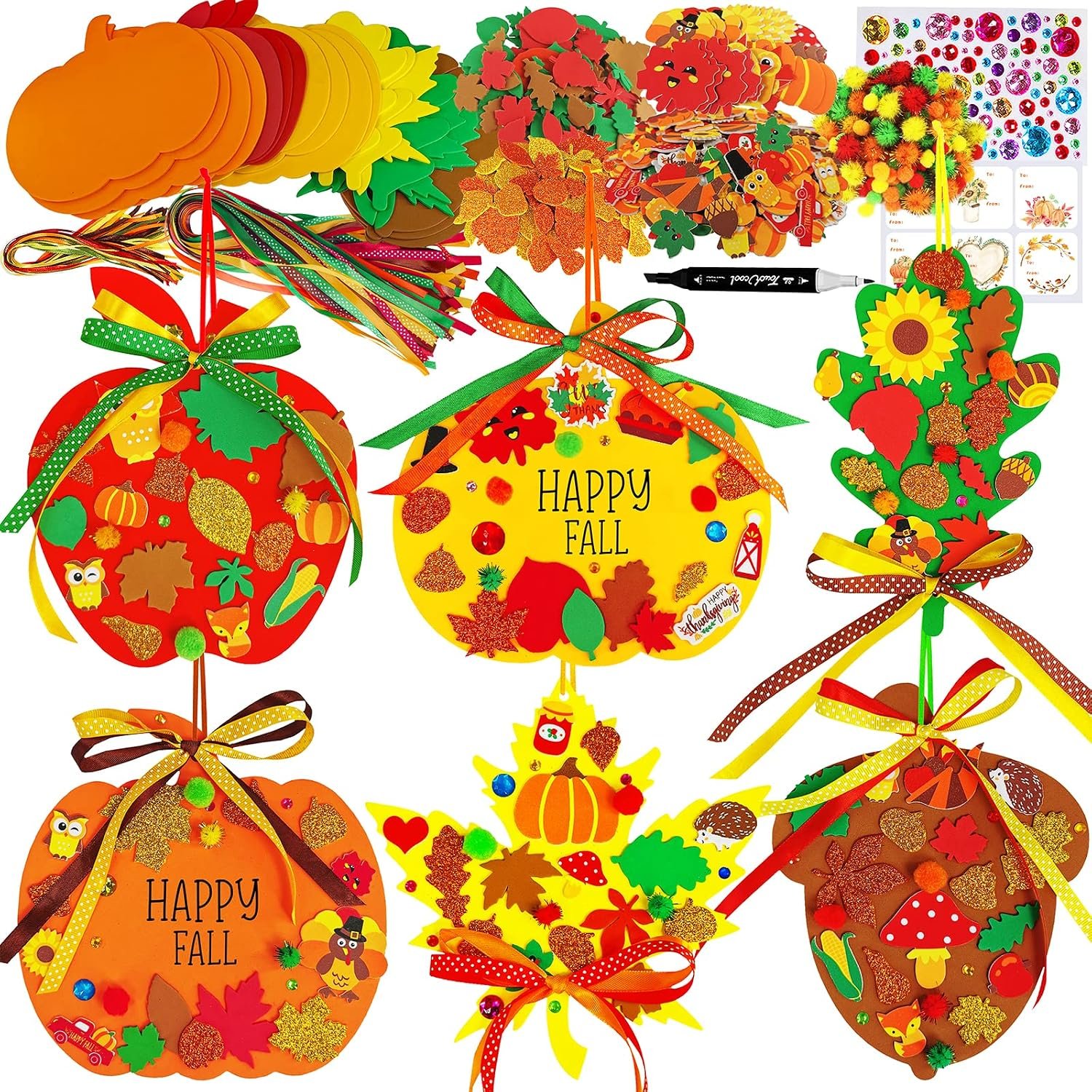 Winlyn 24 Sets Fall Crafts Kits DIY Thanksgiving Pumpkin Apple Acorn Autumn Leaf Ornaments Decorations Sets Foam Stickers Arts and Crafts for Kids Holiday Party Favors Home Classroom Activities