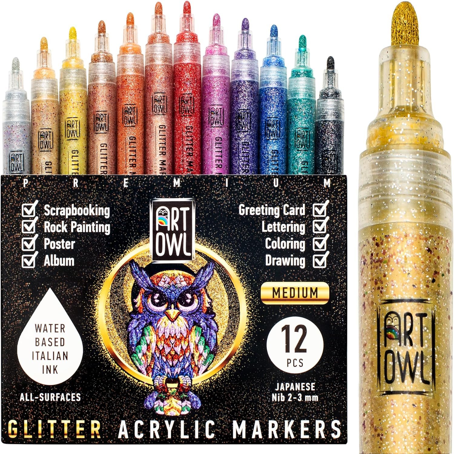 Acrylic Glitter Paint Marker Pens, Medium Pens for Rock Painting, Stone, Ceramic, Glass, Wood, Fabric, Card Making, Canvas, DIY Crafts – Set of 12 Sparkle Paint Markers
