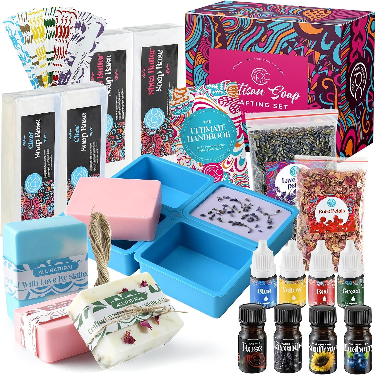 Soap Making Kit – Soap Making Supplies melt and Pour – DIY Set for Adults and Kids, Includes soap Base, Silicone molds, fragrances, Rose and Lavender Petals, by Prime Creations