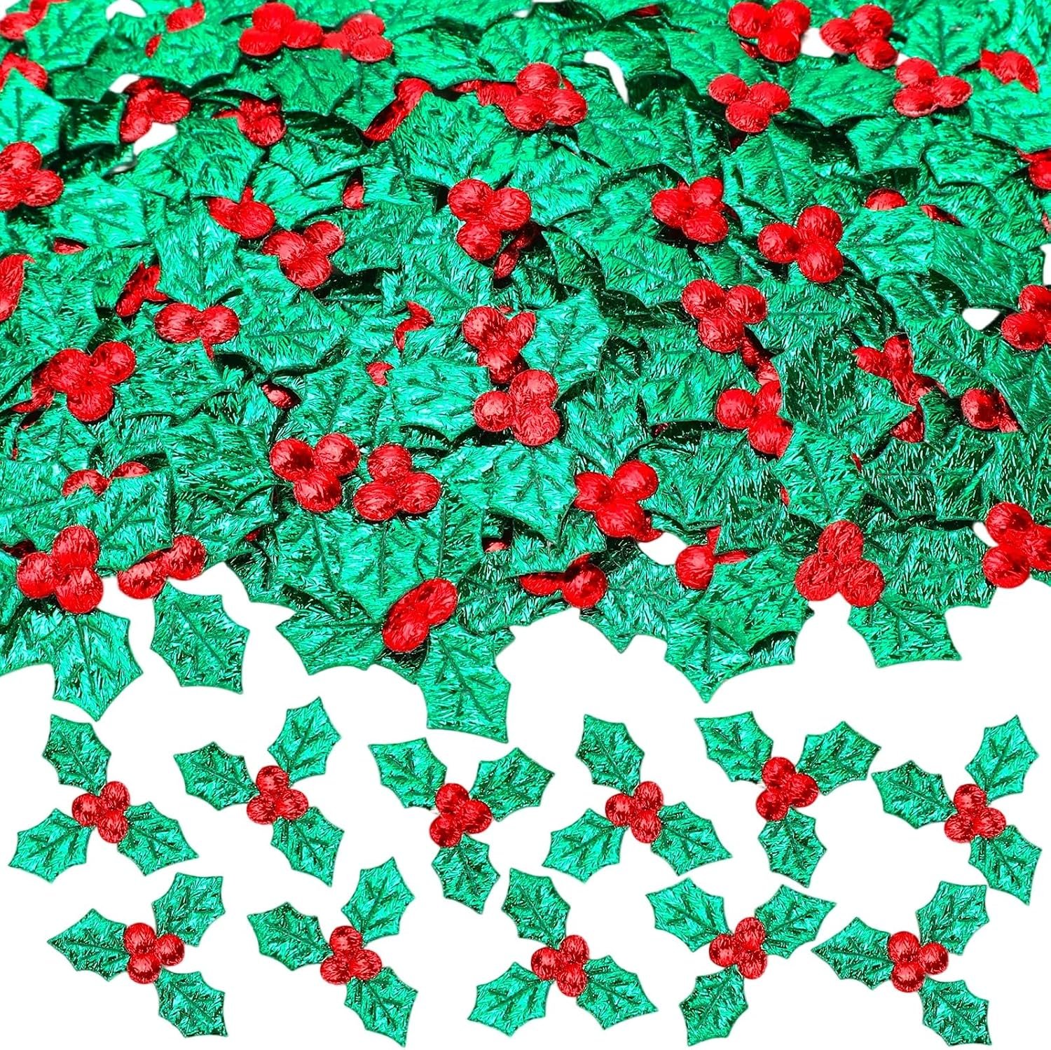 MARFOREVER 100Pcs Christmas Holly Berries Embellishments, Mini Triple Leaf Berry Sequins Fabric Leaf Confetti Artificial Holly Leaves Table Simulation Holly Berries for Card Wreath Crafts Making