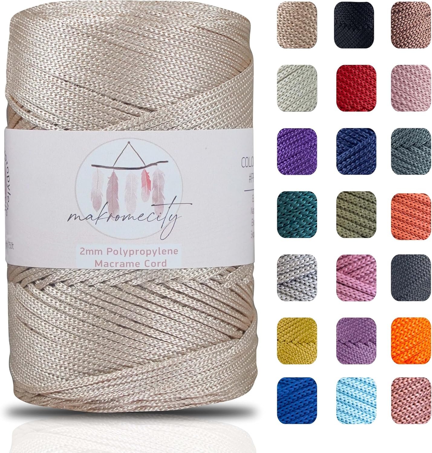 Makromecity, Polyester Macrame Cord 2mm x 250 yards (750 feet) 2mm Polypropylene Latte Macrame Cord Crochet Macrame Bag Cord Crafts for Wall Hangings, Bags, Underplate, Rug