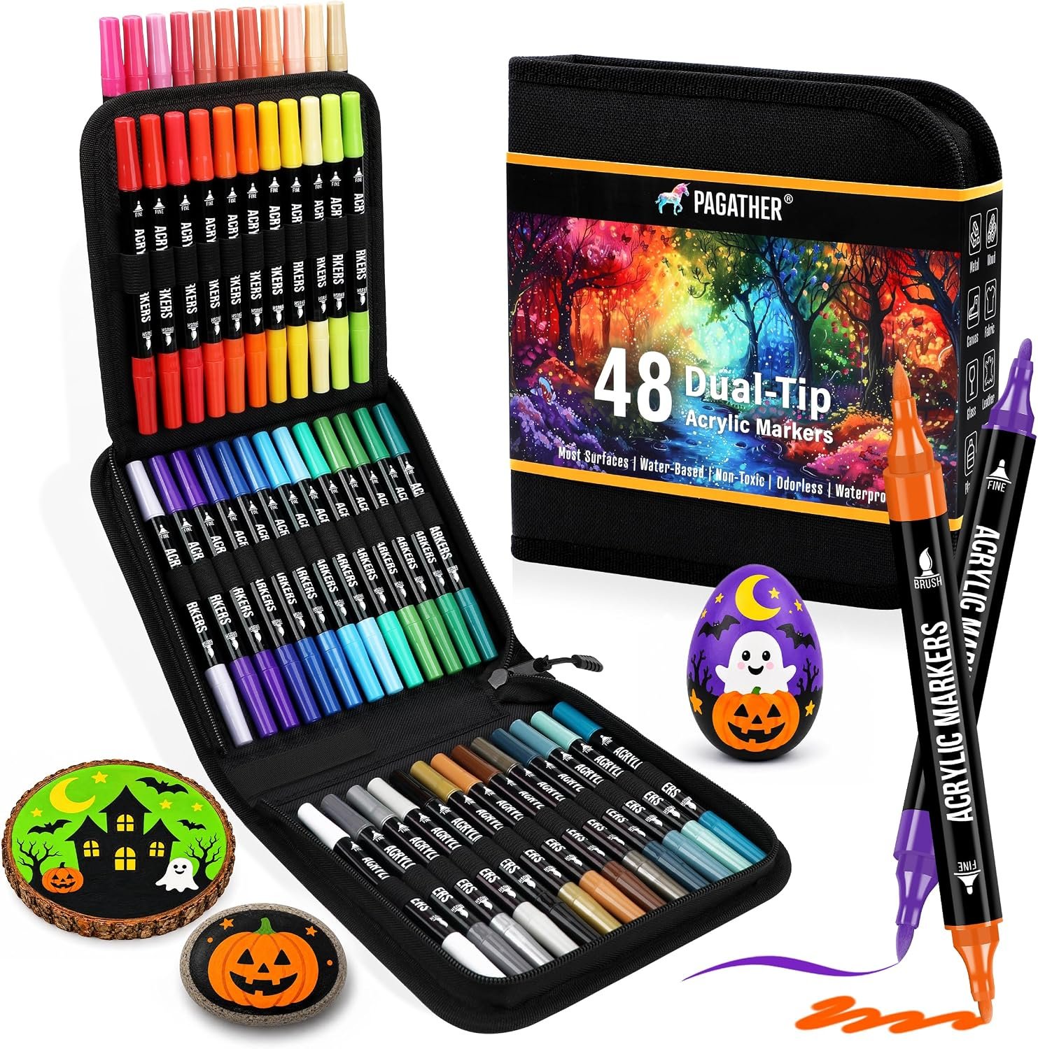 Pagather Acrylic Paint Markers, 48 Colors Dual Tip Fine & Brush Pens Set
