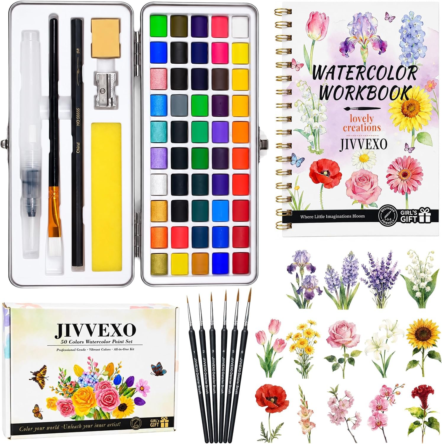 50 Colors Watercolor Paint Set with Watercolor Workbook for Adults
