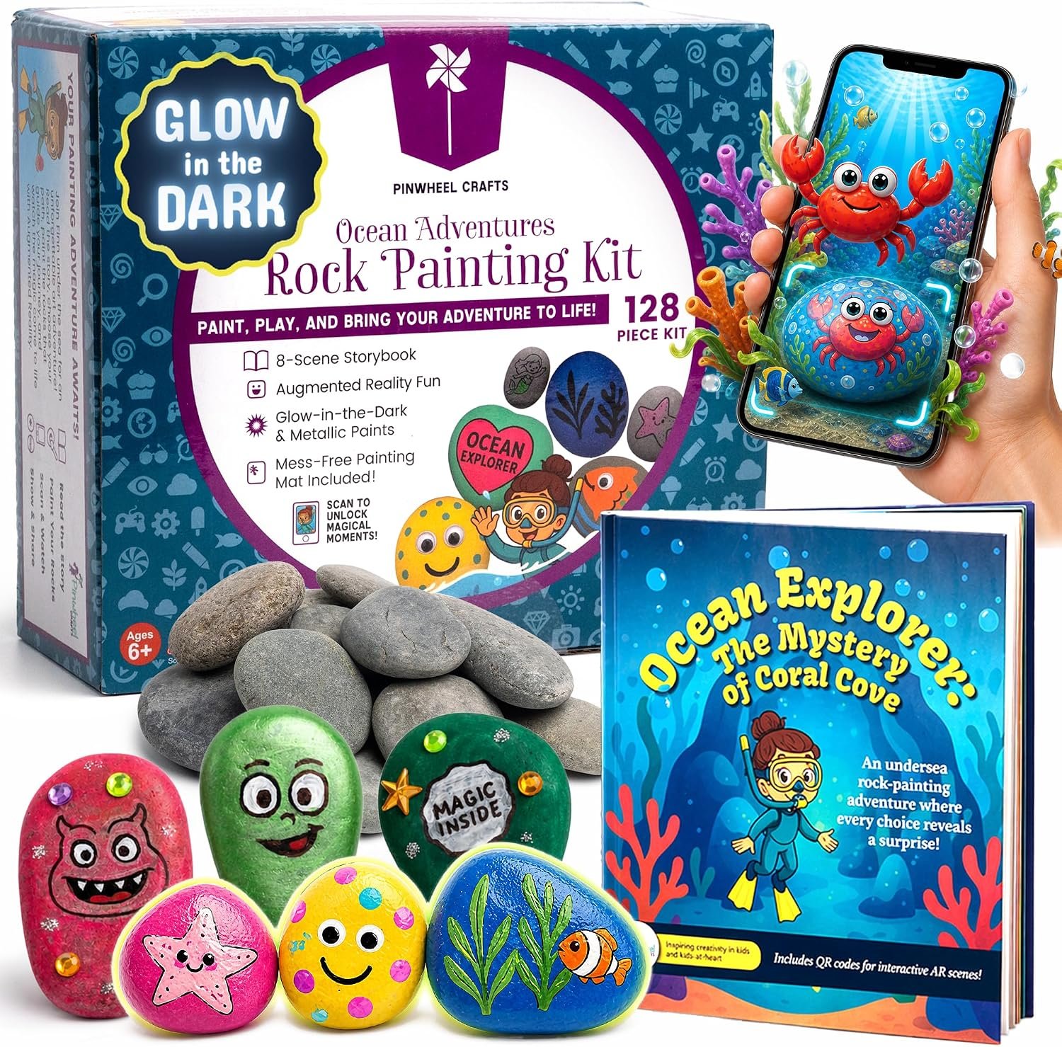 Pinwheel Crafts Glow in the Dark Rock Painting Kit with AR Storybook, 128pc
