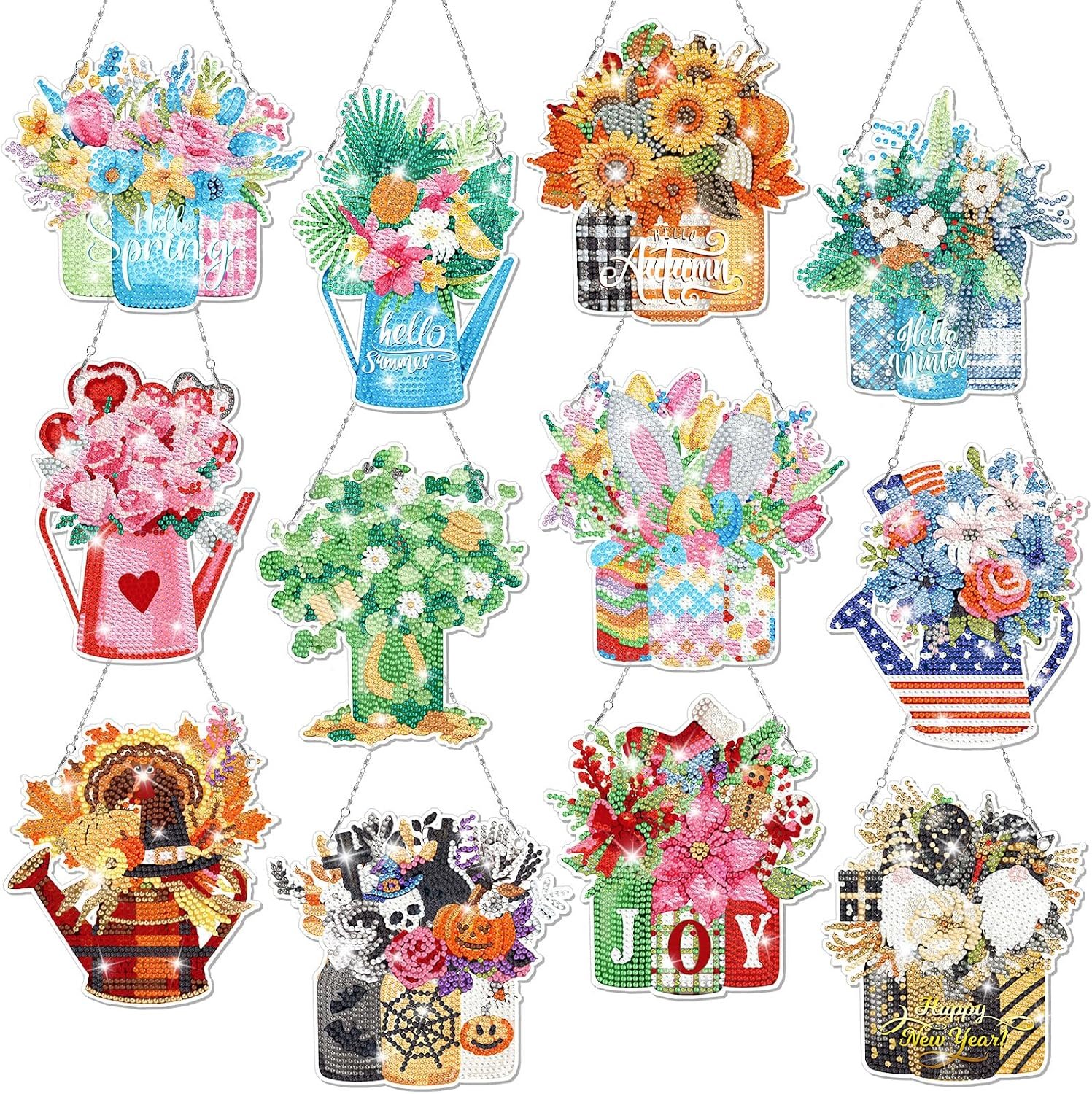GlikCeil 12 Pcs Diamond Art Kits Hanging Ornaments 5d, Flowers
