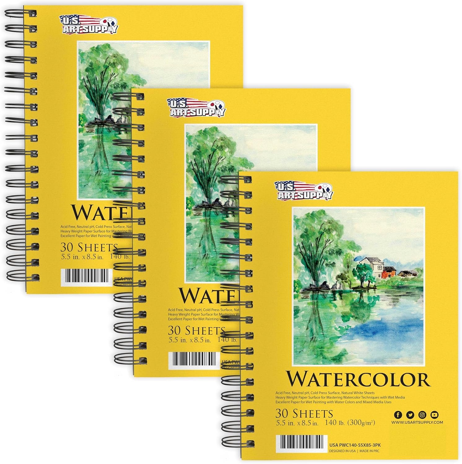 U.S. Art Supply 5.5″ x 8.5″ Premium Heavyweight Watercolor Paper Pad,3-Pack