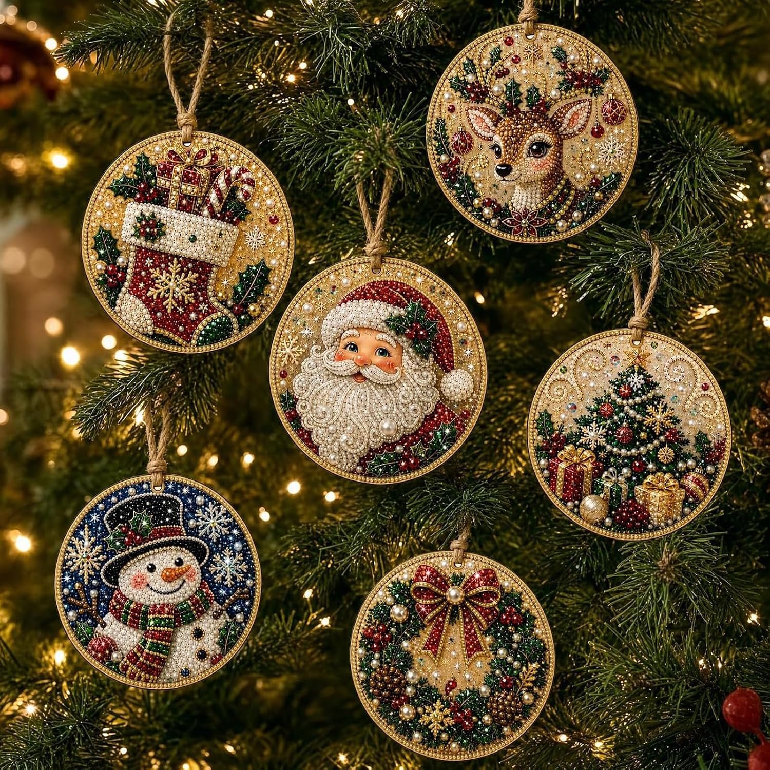 6PCS Christmas Ornaments DIY Pearl Diamond Art Kits for Adults(round)