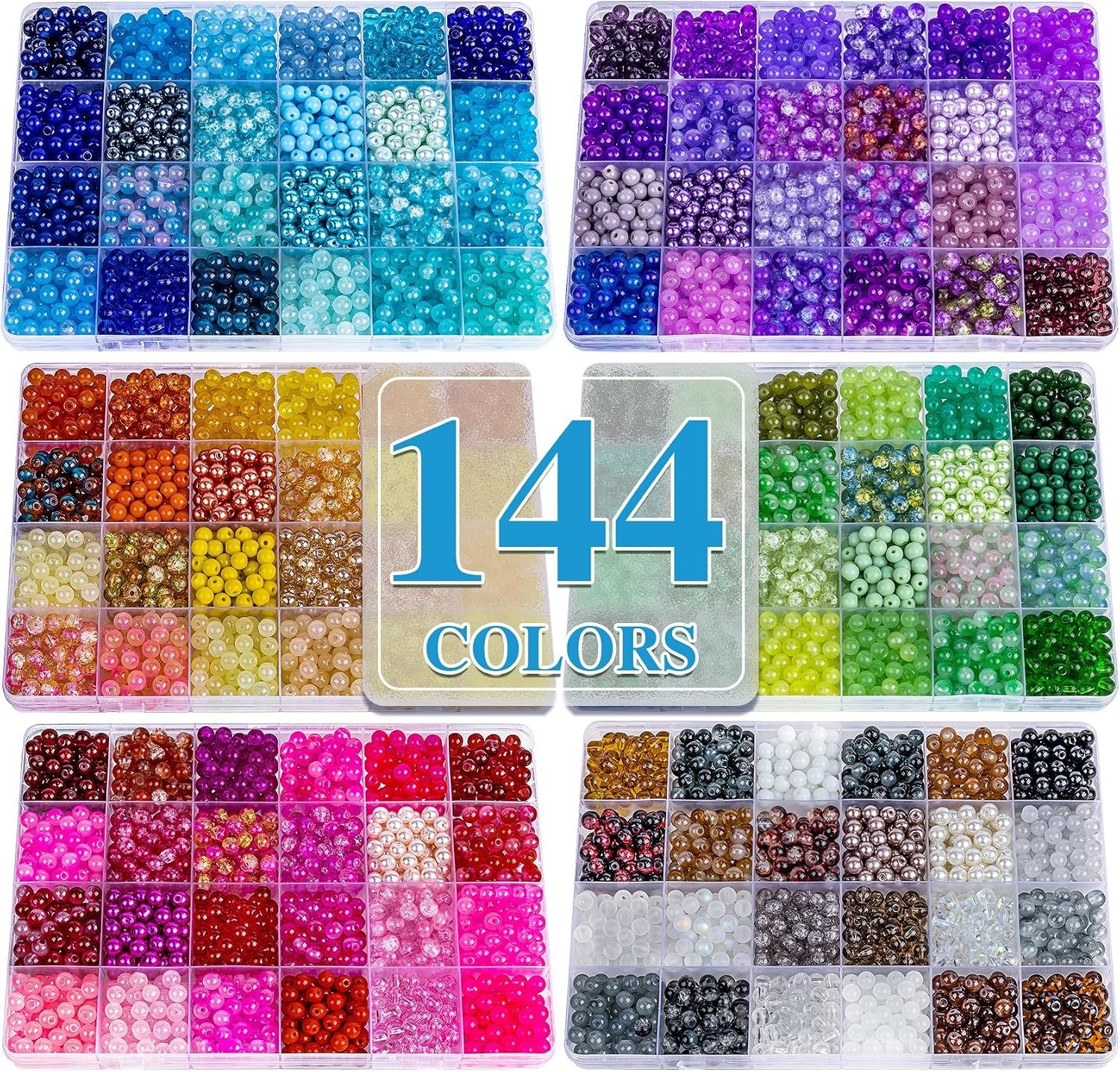XSEINO About 7200PCS 6mm Glass Beads Bracelet Making Kit,144 Assorted Colors Crystal Glass Beads for Bracelet and Jewelry Making and DIY Crafts,Friendship Gifts,to Give to Friends, Family