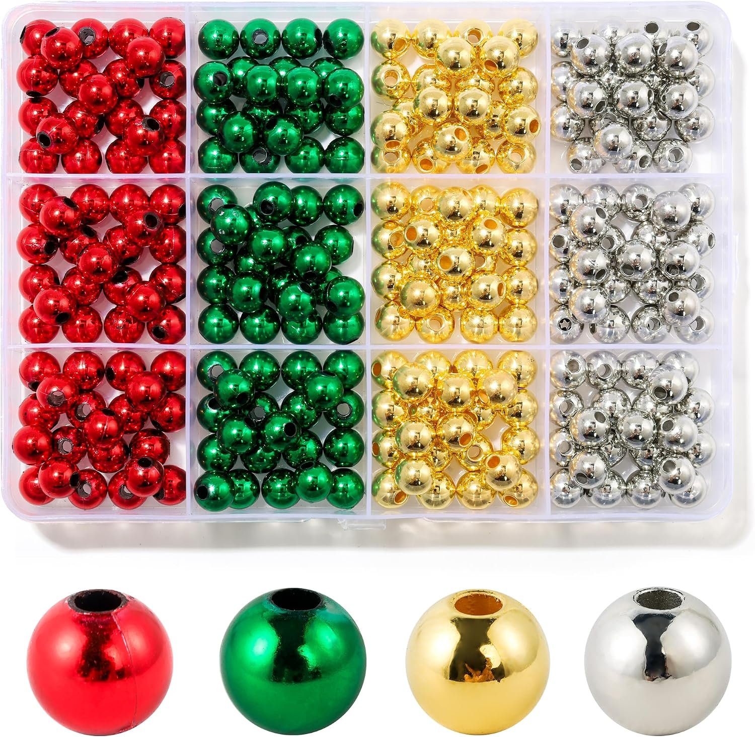 264pcs 8mm Round Spacer Beads, Gold, Silver, Red & Green Small Gold Beads for Jewelry Making, DIY Bracelets, Necklaces, Earrings, Gold Spacer Beads for Bracelets Christmas Holiday Colors