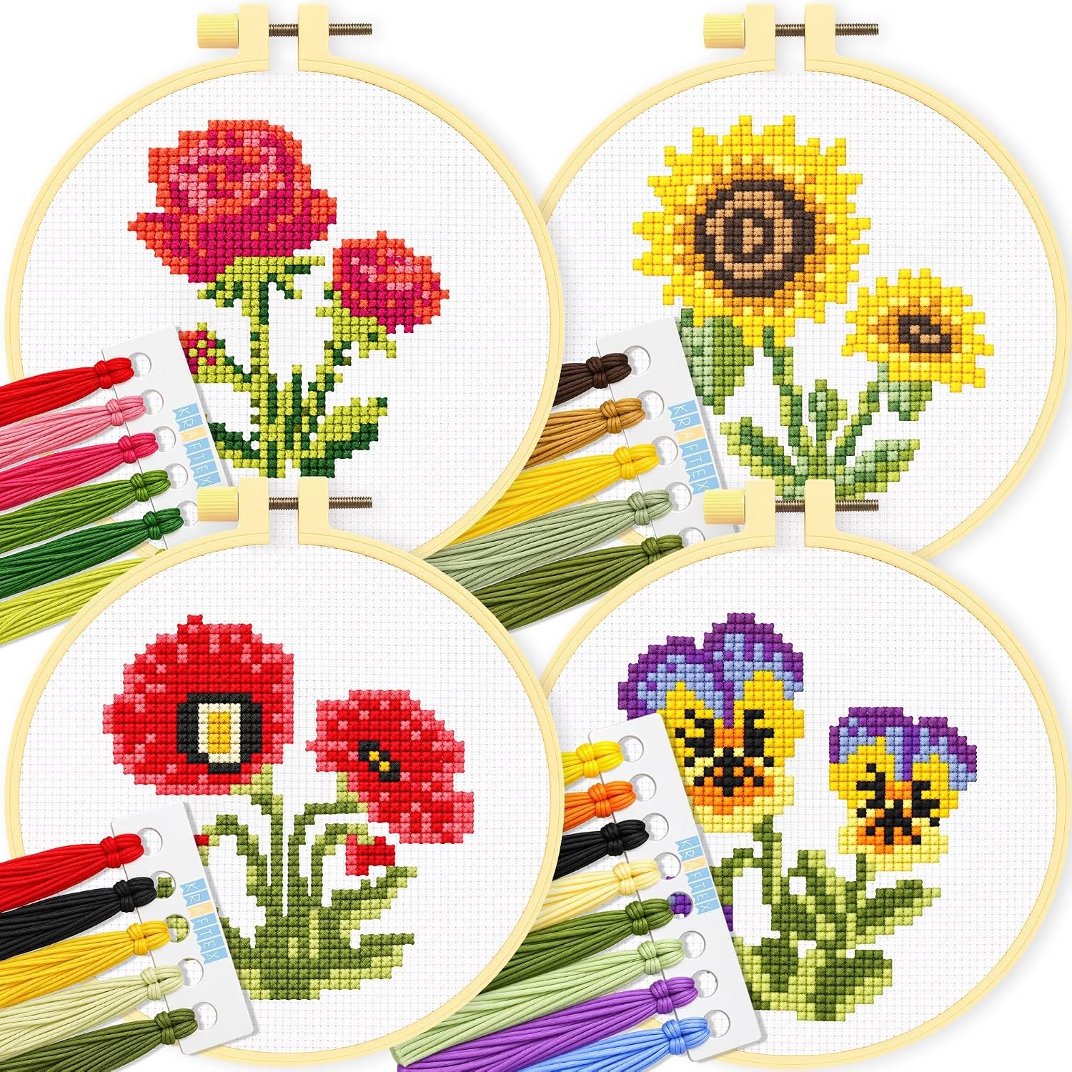 Stamped Cross Stitch Kits for Beginners Adults, Rose Poppy Pansy Sunflower