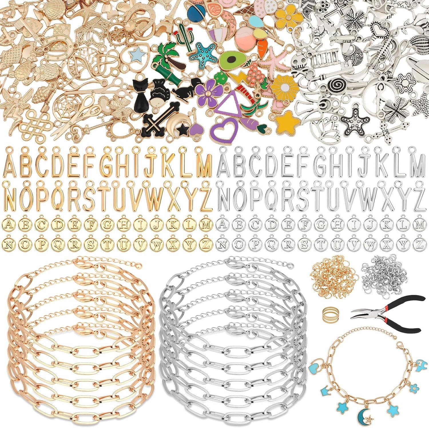 Charm Bracelet Making Kit for Adults & Teens, 477Pcs DIY Charm Bracelet Set with Gold & Silver Charms, Paperclip Chain Bracelets, Alphabet Charms, Complete Jewelry Making Supplies for Crafting