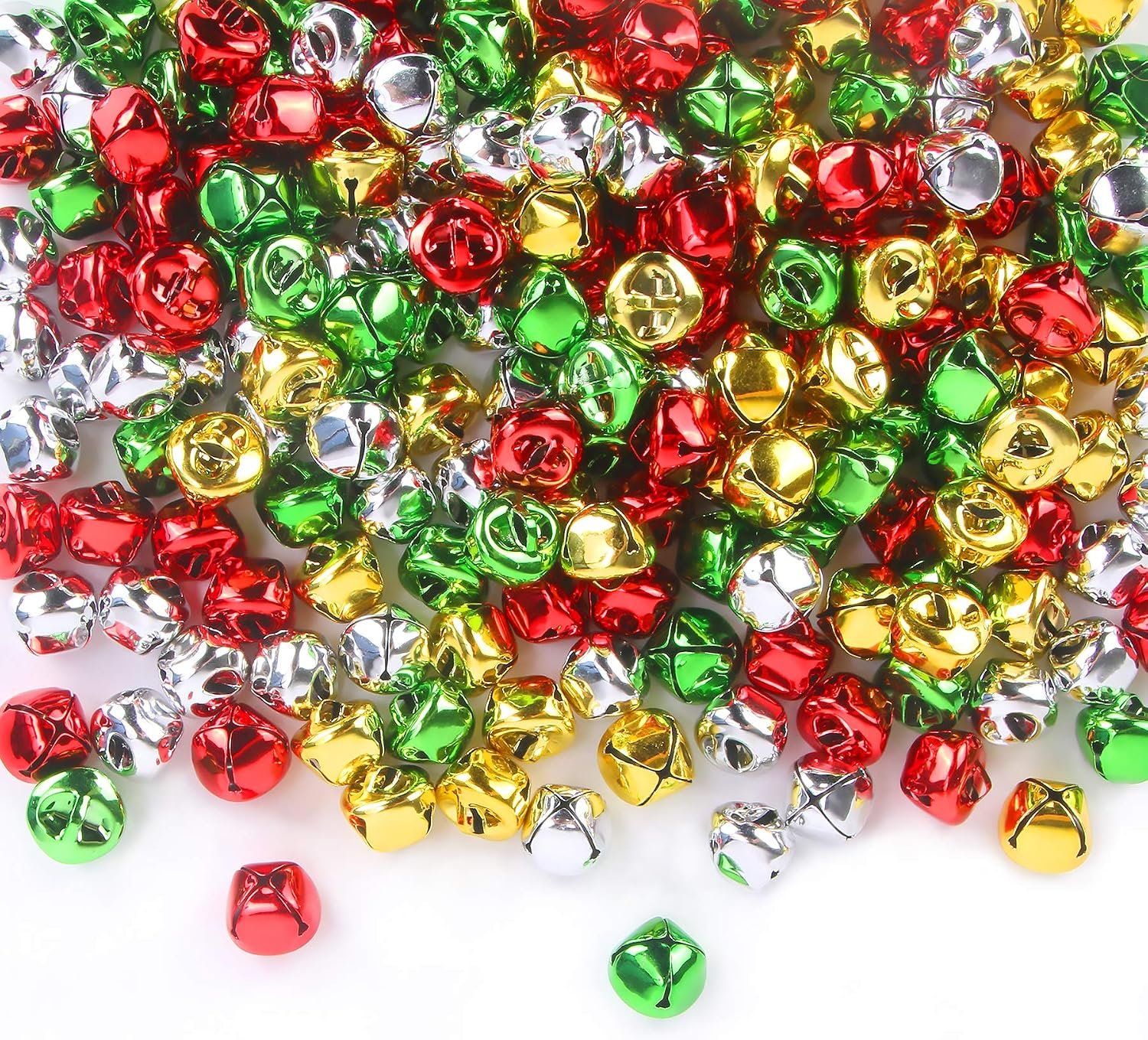 Augshy 200 Pieces Jingle Bells 3/5Inch Craft Bell Bulk for Christmas Home and Pet Decorations Xmas Decor Party Favors Supplies (Red Green Gold Silver)
