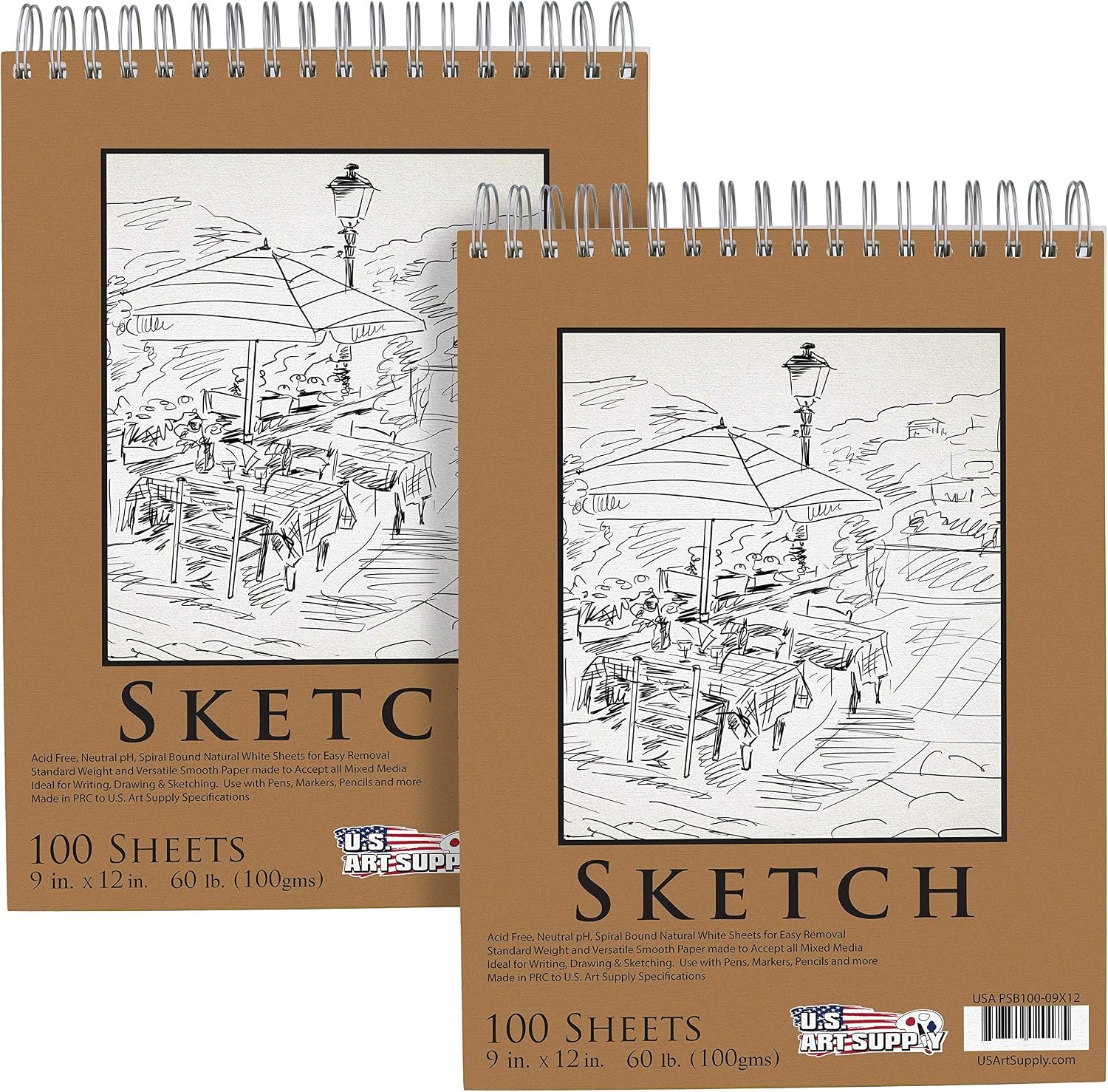 U.S. Art Supply 9″x12″ Top Spiral Bound Sketch Book, 100 Sheets Each 2-Pack